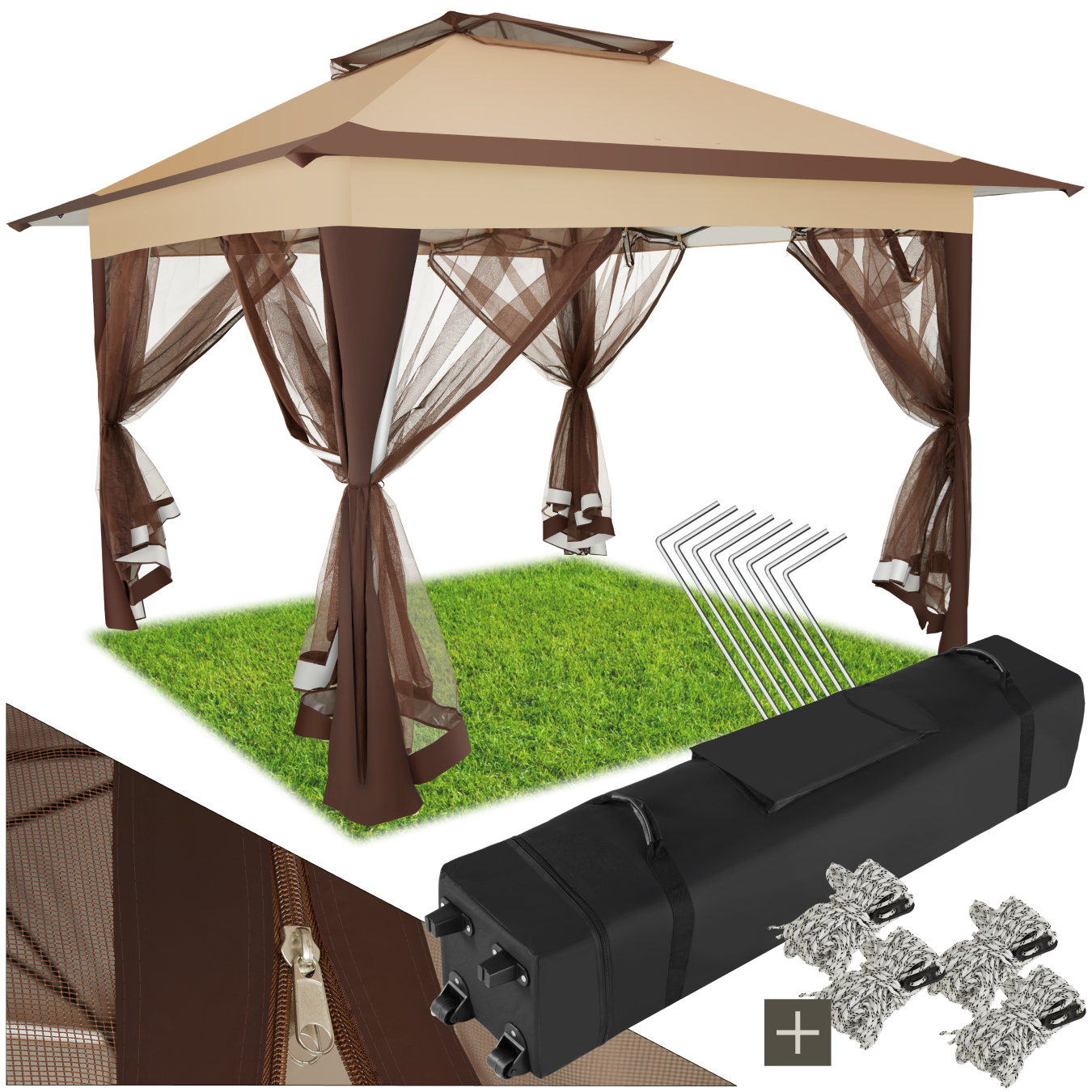 Gazebo Carabobo - 4 side panels, water & UV-resistant, 3.64 x 3.64 x 2.94 m - brown