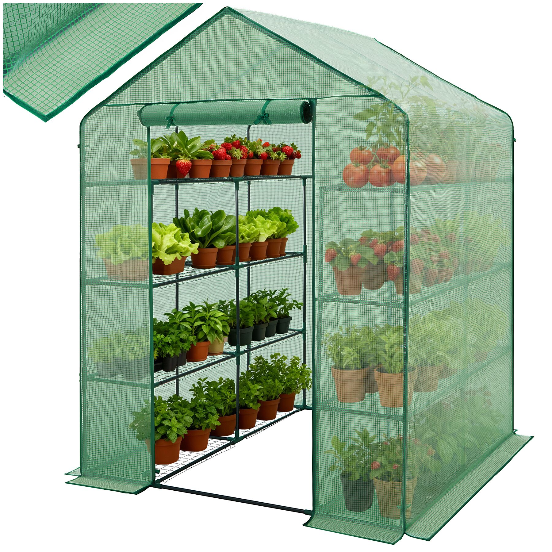Greenhouse - 16 shelf levels, tarpaulin cover, 143 x 143 x 195 cm - green | tectake