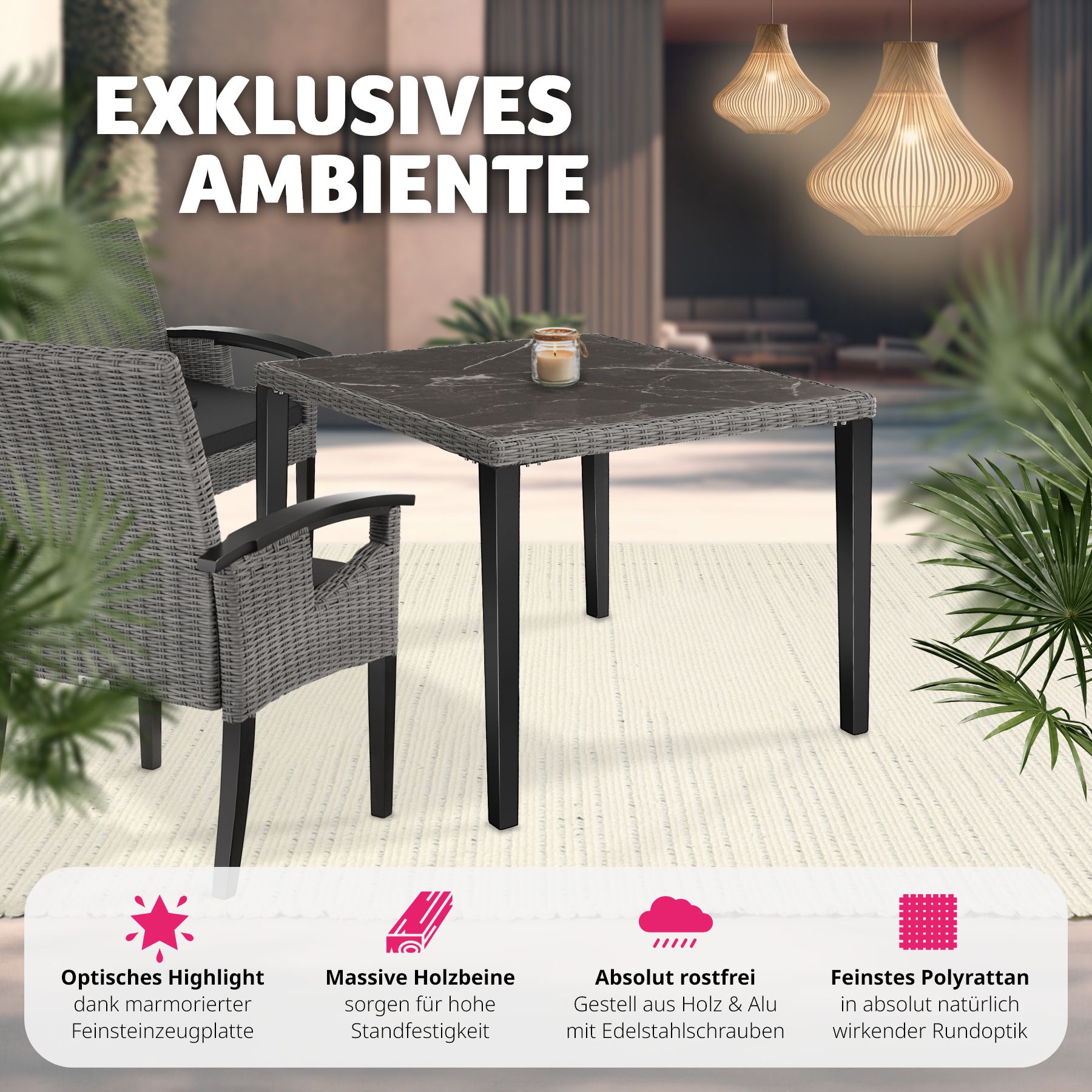 Alu Rattan Tisch Gartentisch Balkontisch Esstisch Beistelltisch Marmoroptik Holz