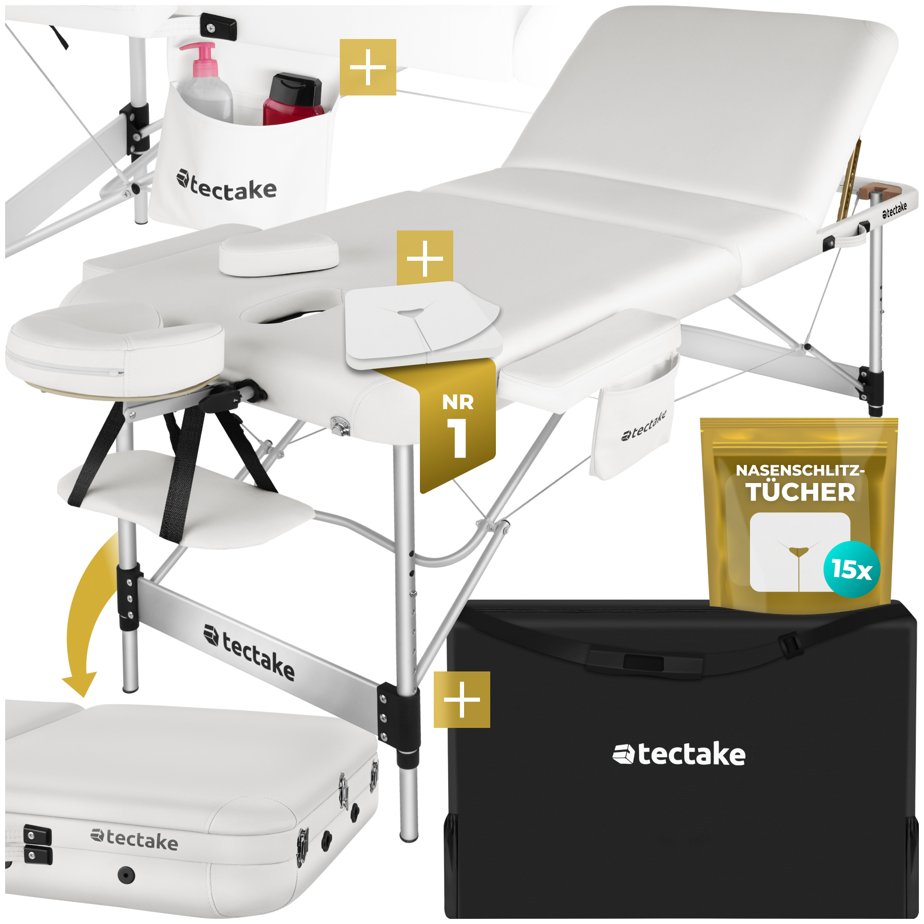 3 Zonen Massageliege Phuket, Tragetasche, Aluminiumgestell - weiß
