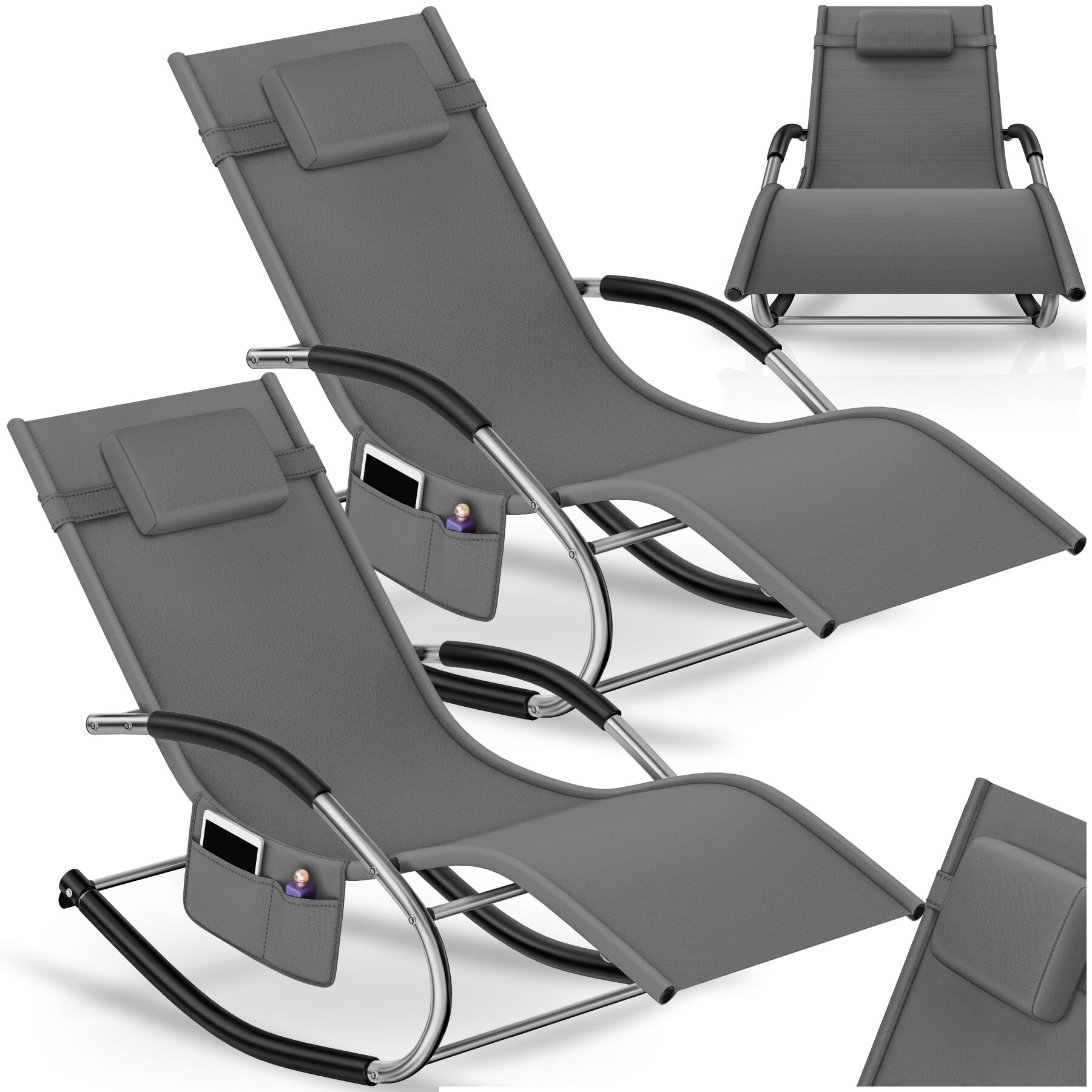 Chaise longue TAYA ergonomique avec fonction de balancement - gris, Lot de 2 | tectake