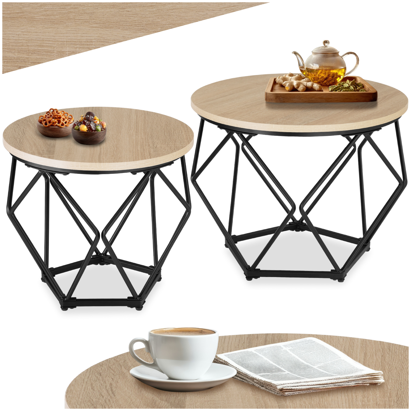 2 Benham salontafels - Industrieel licht hout, eiken Sonoma