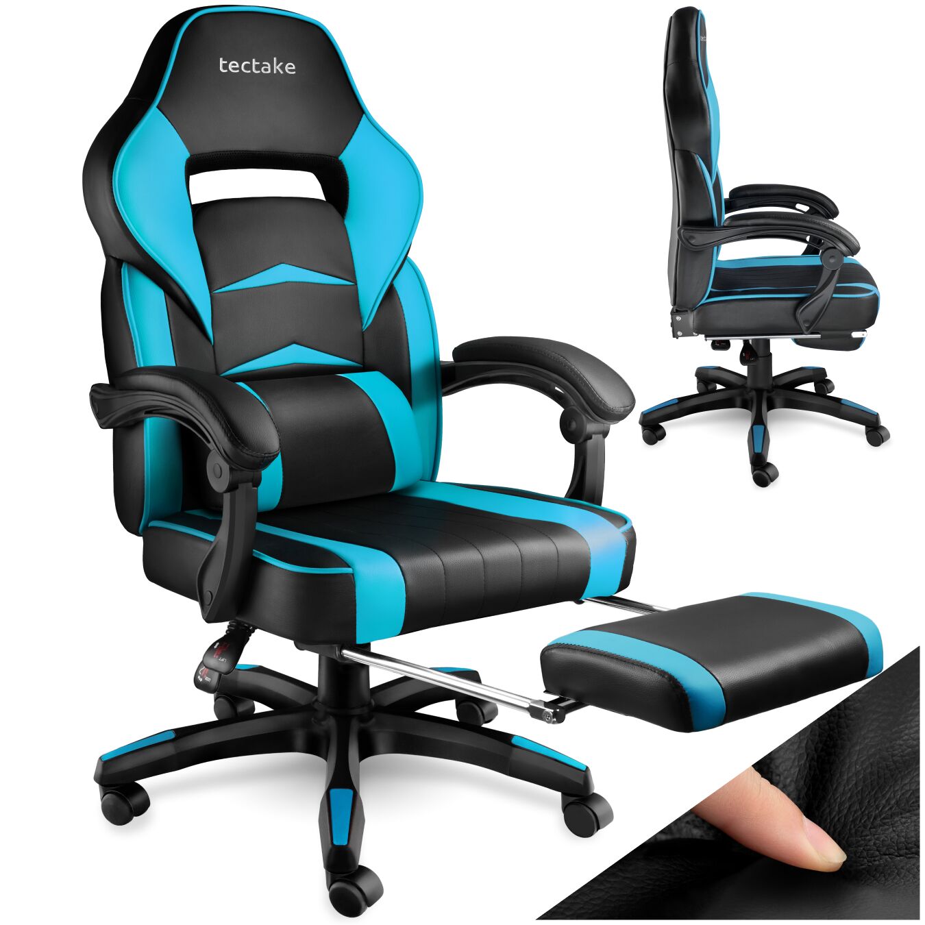 Chaise de bureau racing Comodo avec repose-pieds - noir/azur | tectake