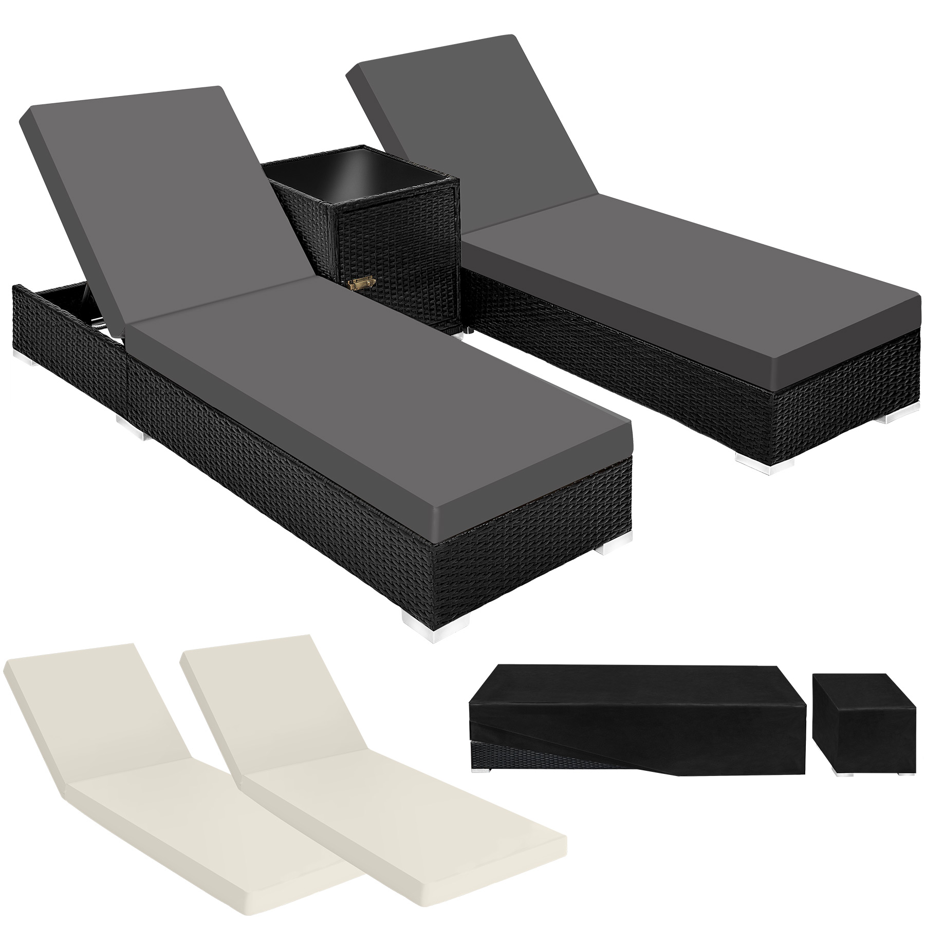 2 Sonnenliegen Rattan mit Aluminiumgestell und Tisch inkl. Schutzhülle - schwarz