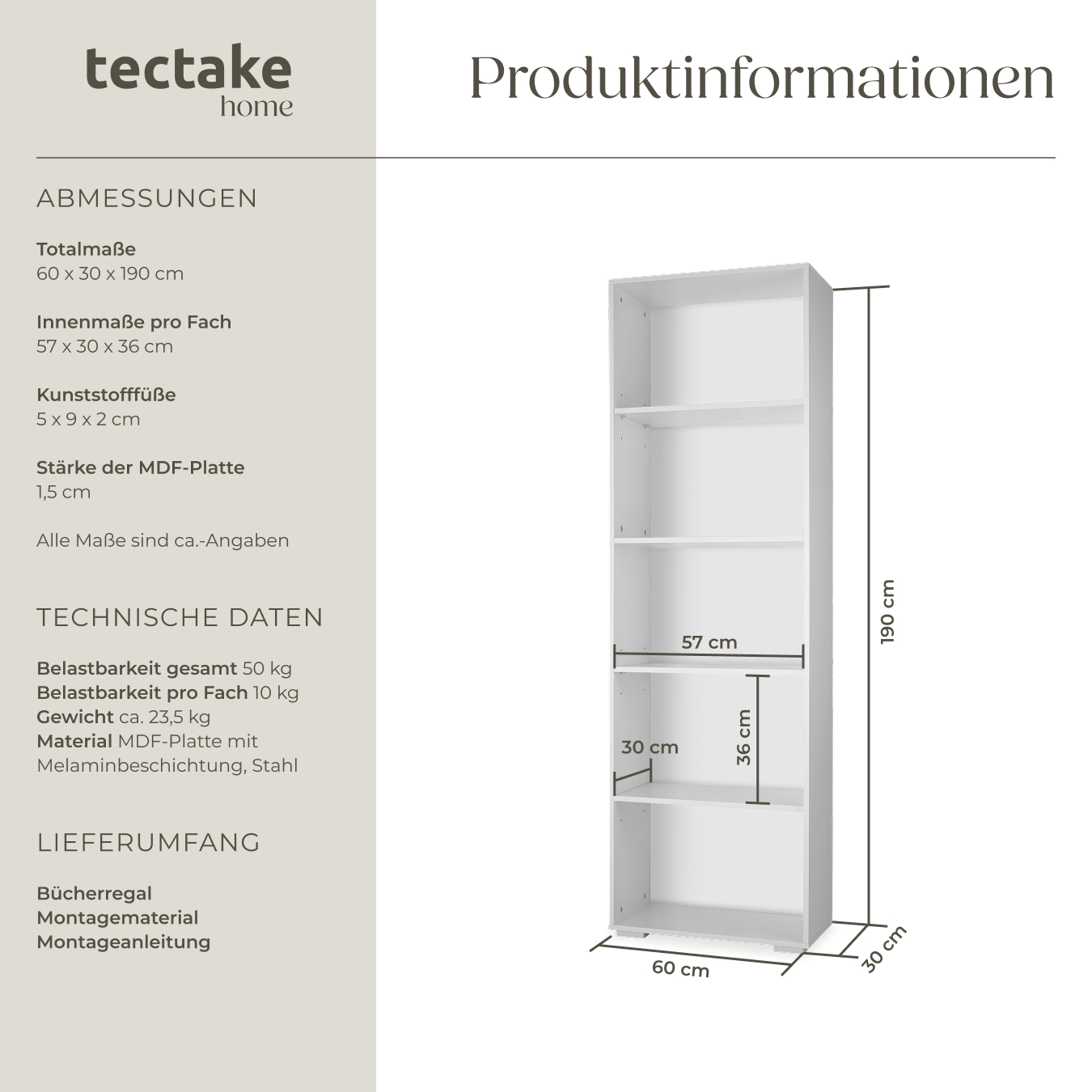 Bücherregal Holz Bücherschrank Standregal Büroregal Regal 5 Fächer 60x30x190 cm