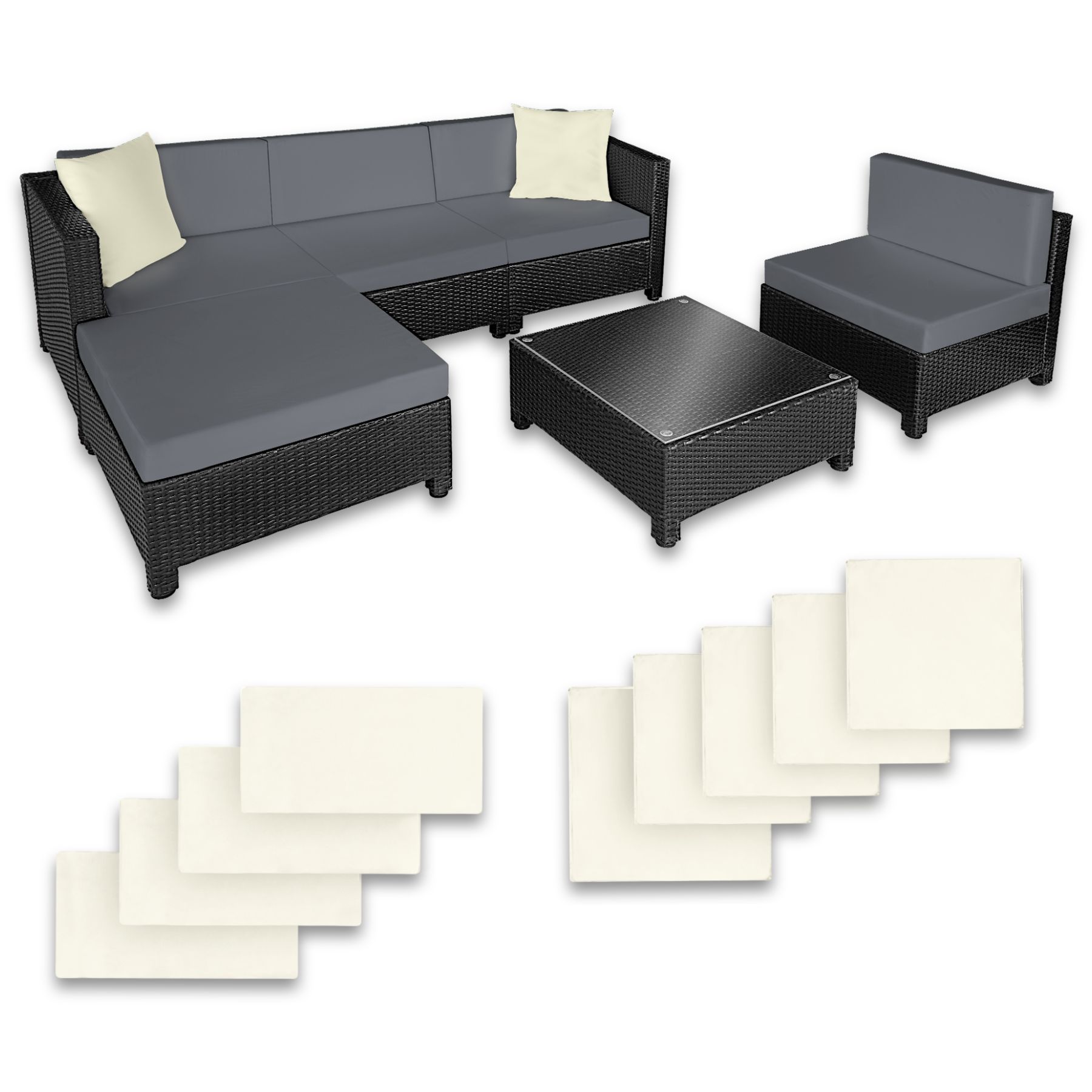 Conjunto de descanso em rattan com estrutura em alumínio, incluindo estofos em 2 cores - preto | tectake