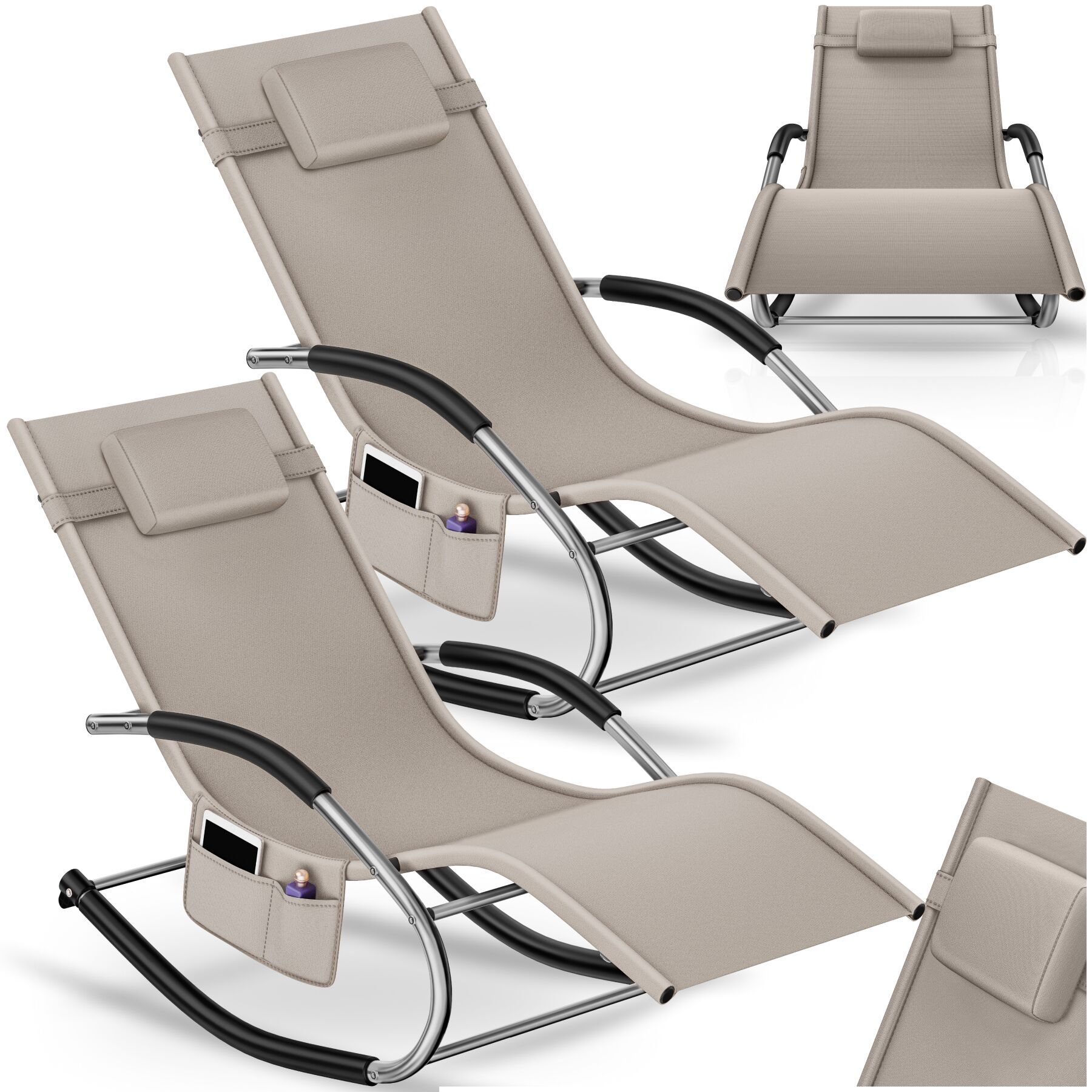 Sun Lounger Taya with a Modern Design, Rocking Function and Breathable Surface - beige, Set of 2 | tectake
