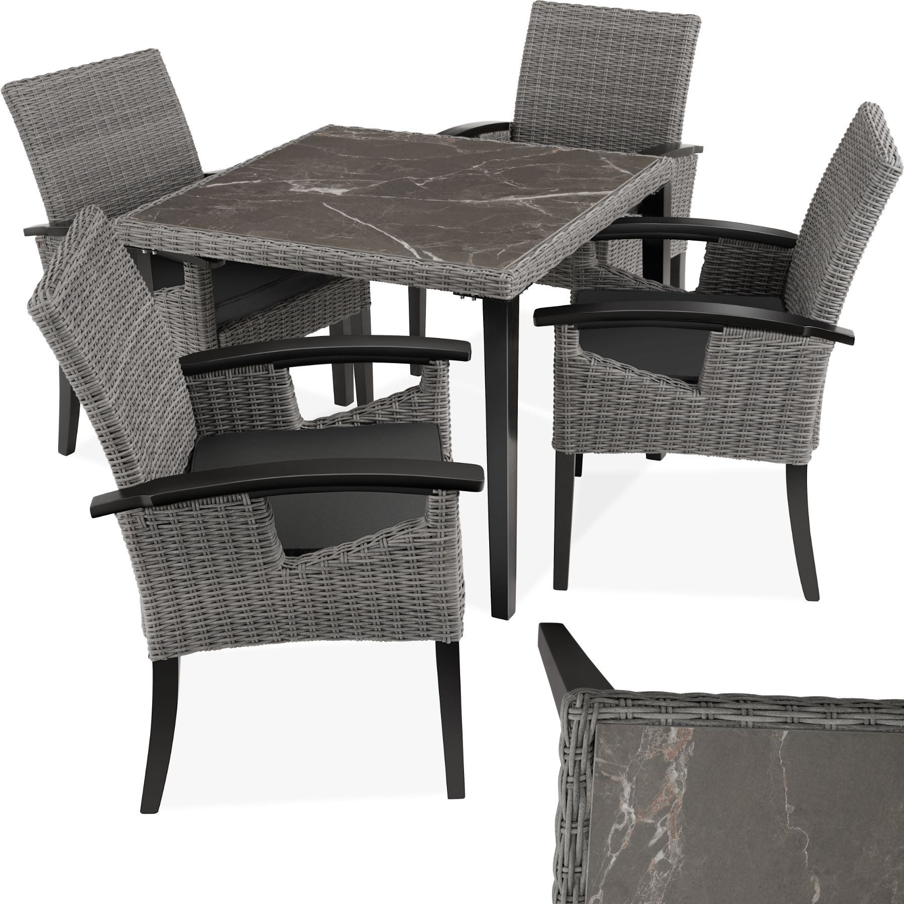 Table en rotin Tarent avec 4 chaises Rosarno - gris de tectake