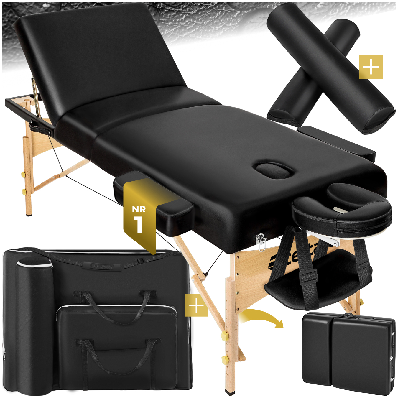 3 Zonen Massageliege-Set Somwang mit 7,5cm Polsterung, Rollen und Holzgestell - schwarz