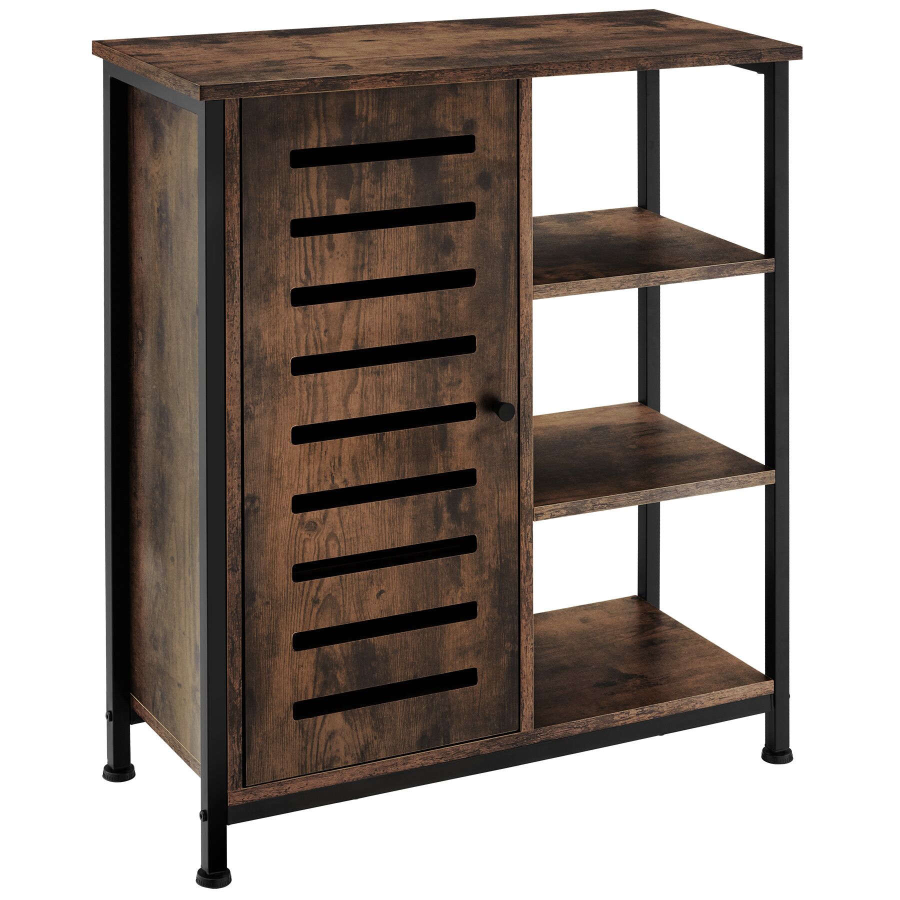 Sideboard - surface top, 3 open shelves, 1 cabinet with adjustable shelves - Industrial wood dark, rustic, door hinge left