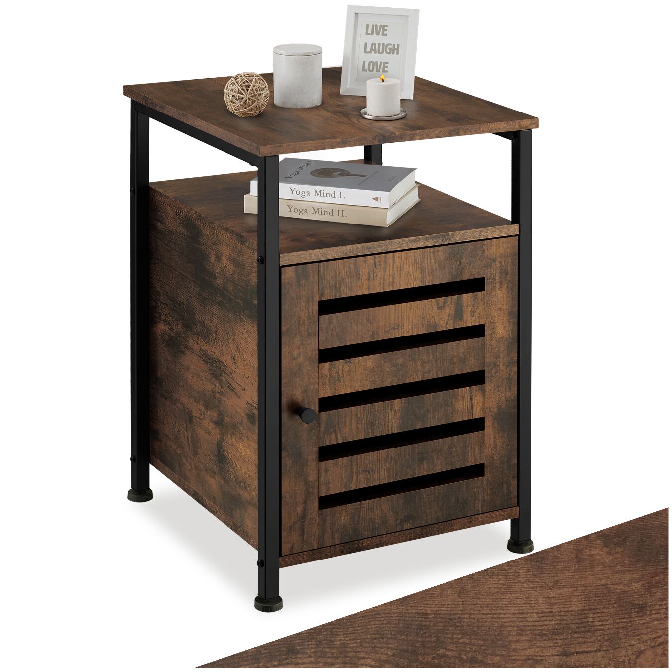 Bedside Table Cork - 2 shelves, cabinet with door and shelf, 40.5 x 40.5 x 60.5 cm - Industrial wood dark, rustic