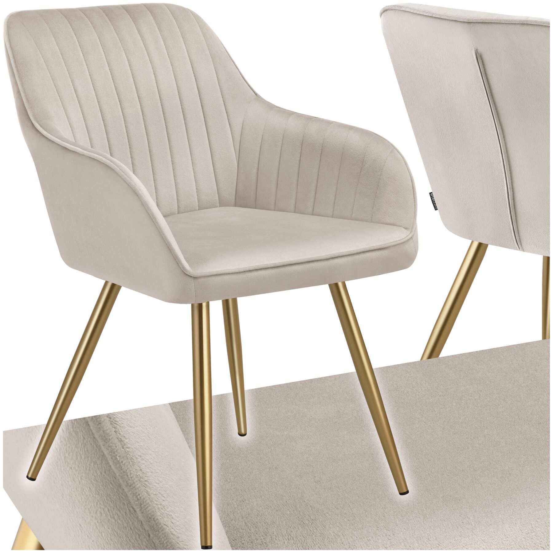 Dining Chair Marilyn - quilted velvet, continuous backrest, gold steel legs - taupe/gold, per piece | tectake