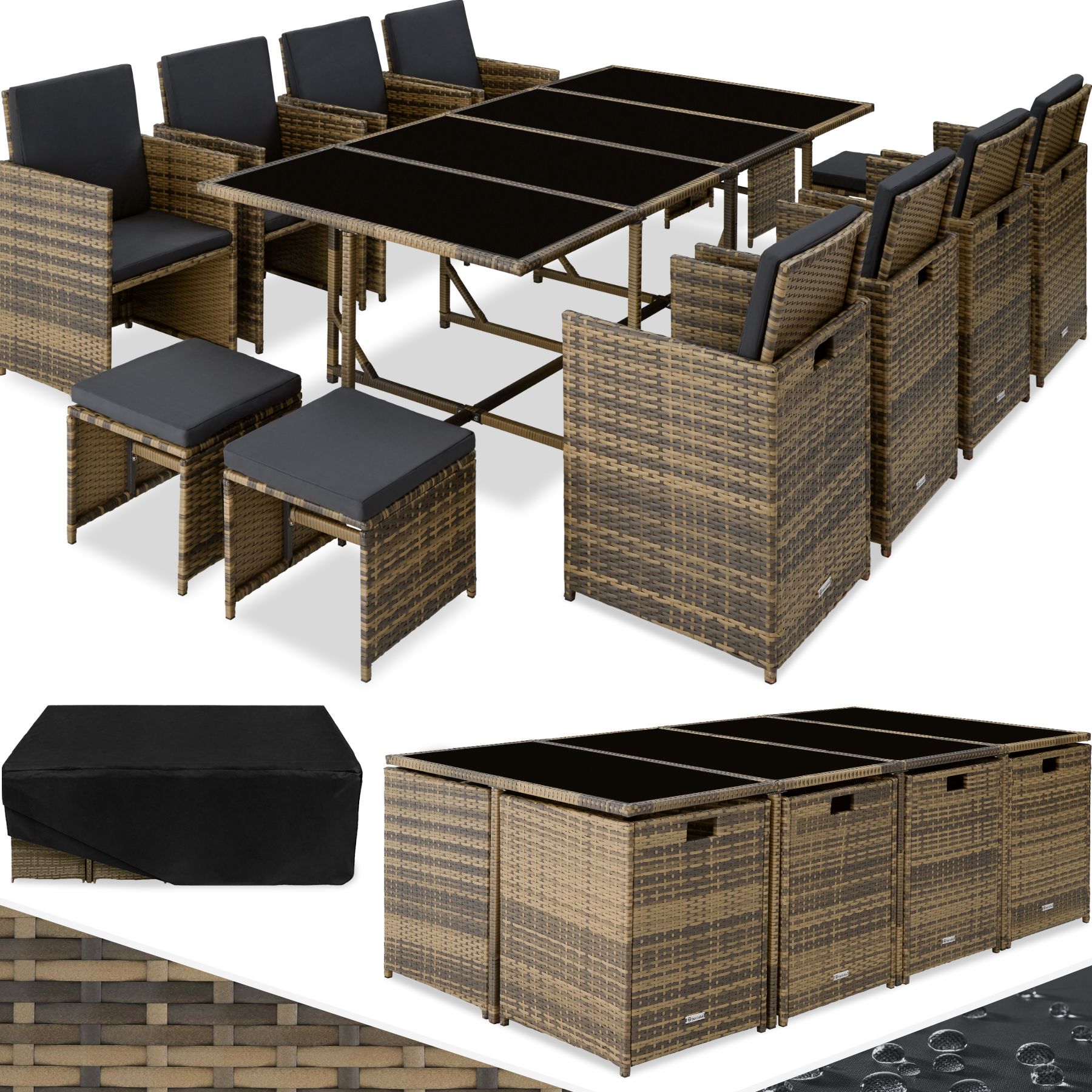 Conjunto de rattan Palma composto por 8+4+1 - natural/cinzento escuro