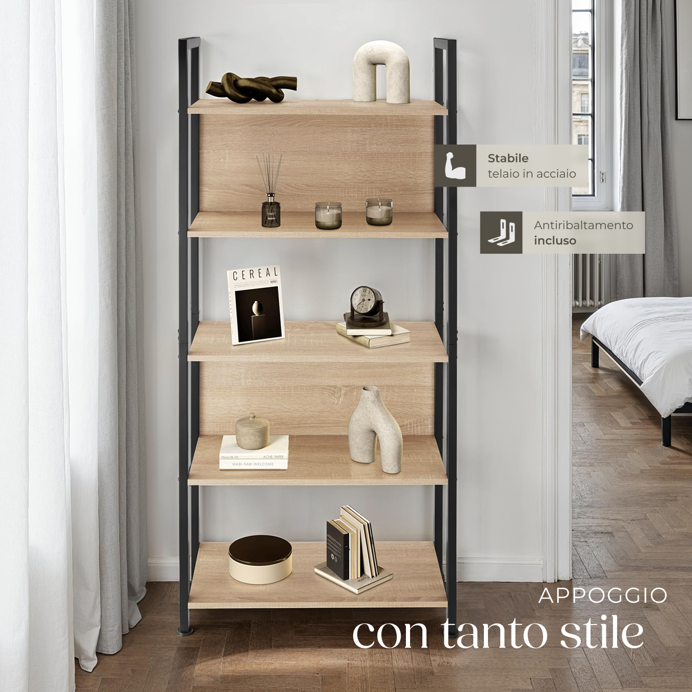 Scaffale scaffalatura alta libreria con 5 ripiani muro legno metallo industrial - Foto 21 di 25
