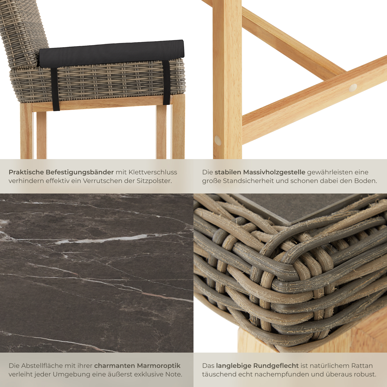Alu Rattan Bartisch mit 6 Stühlen Barhocker Gartenbar Barset Marmor Optik Holz