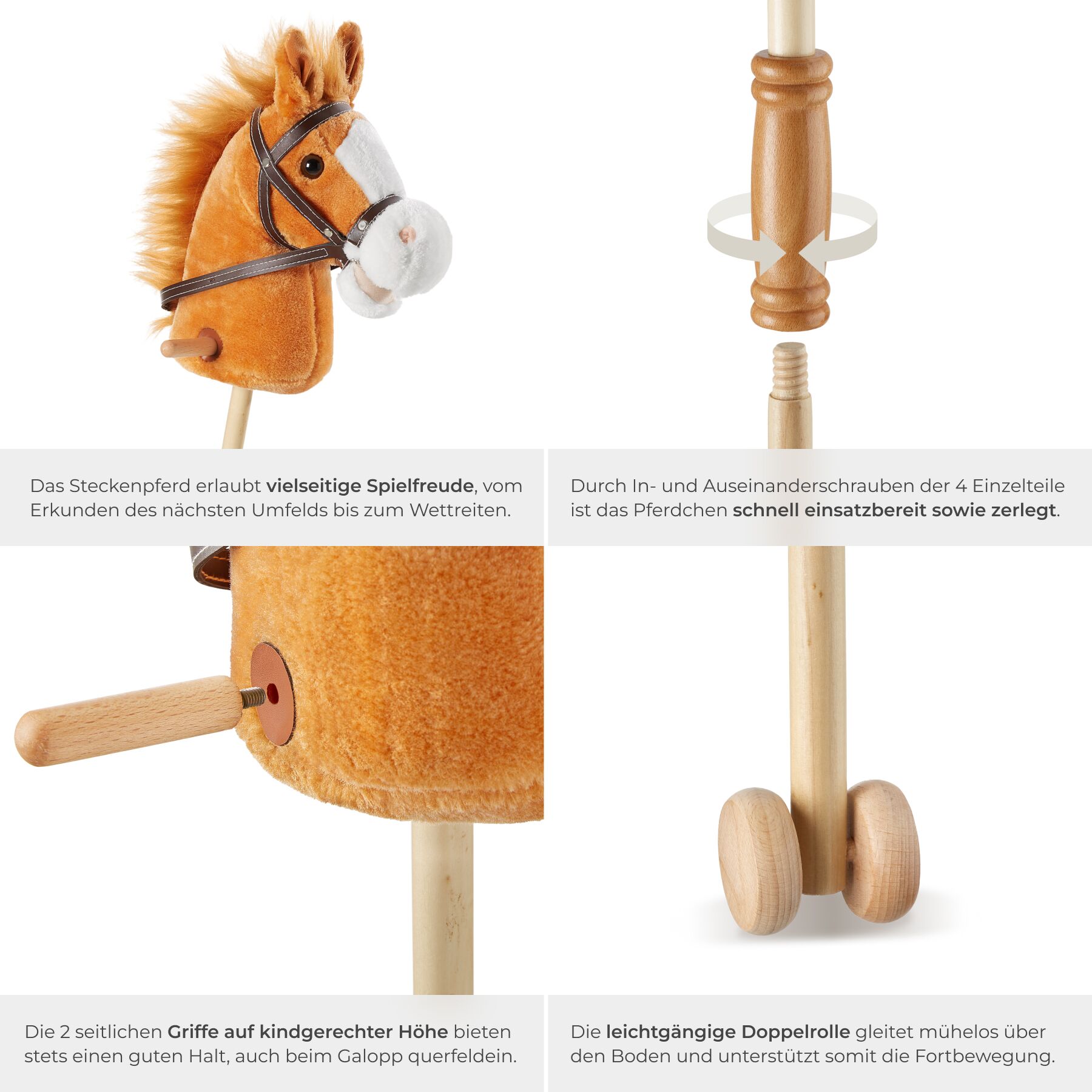 Hobby Horse Steckenpferd Holz Kinder Spielzeug Rollen Plüschkopf Handgriff - Produktbild 4