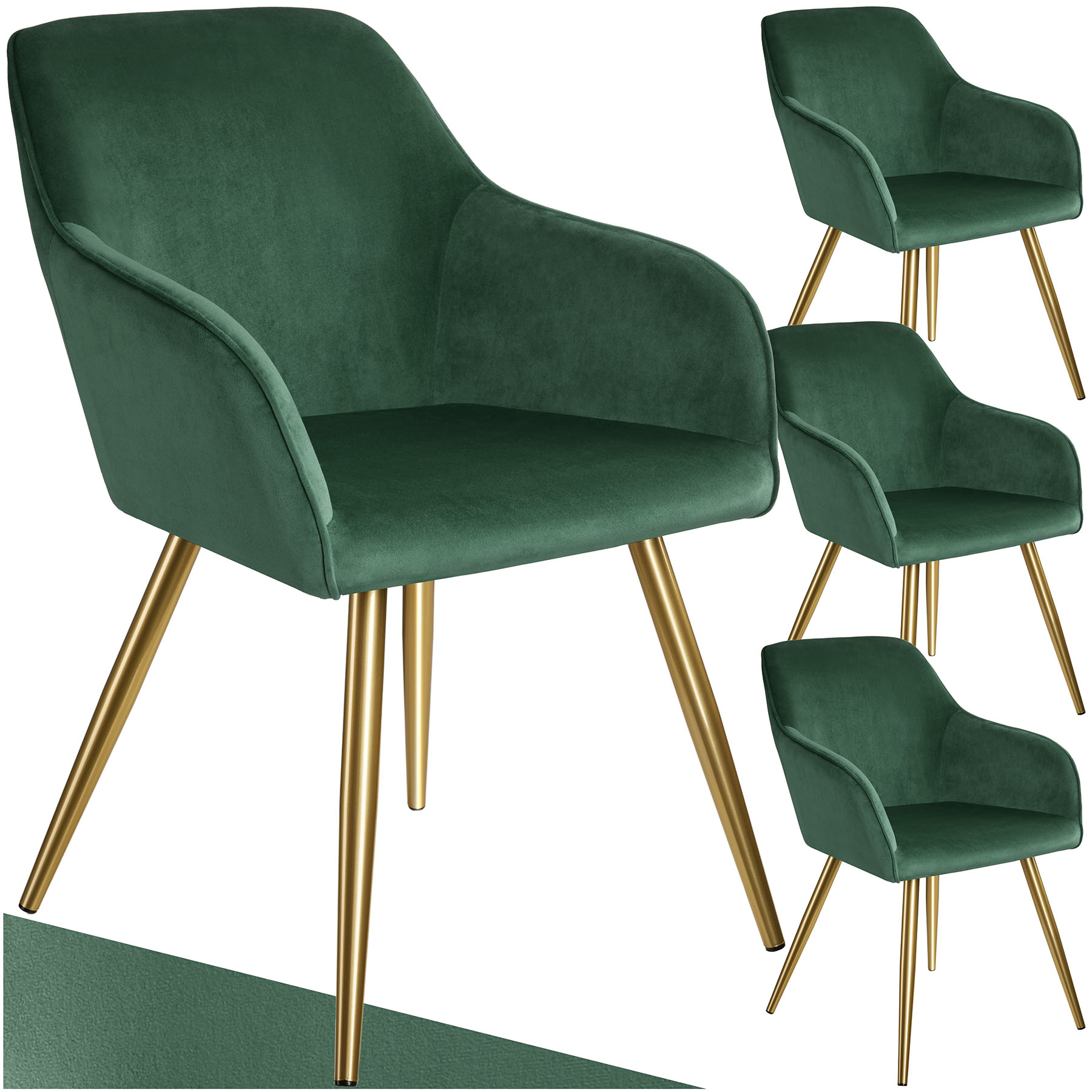 Chaise MARILYN Effet velours style scandinave - vert foncé/or, Lot de 4 de tectake