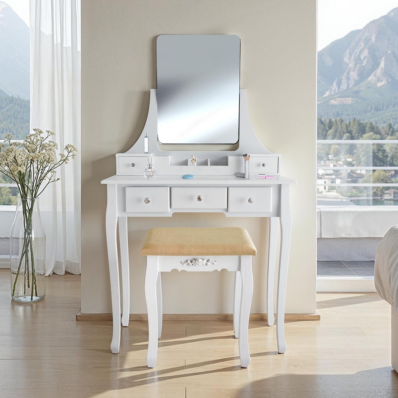 Coiffeuse CLAIRE avec miroir 5 tiroirs - blanc