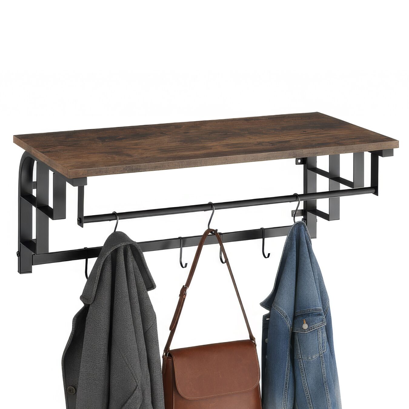 Coat Rack - wall mounted, storage shelf, hanging rail, 5 hooks - Industrial wood dark, rustic | tectake