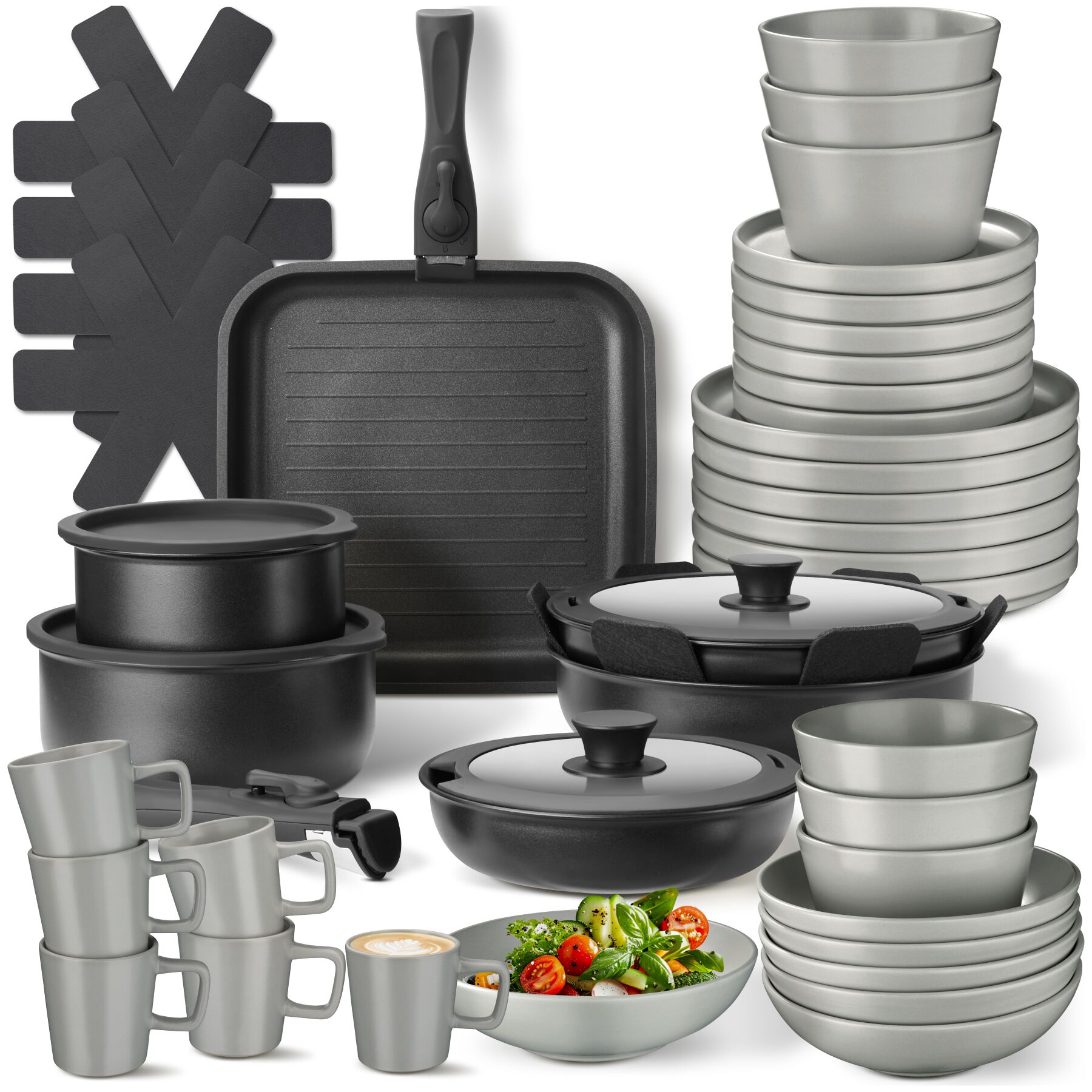 Kitchen starter set for 6 people with crockery, pots and more - grey/black, 47 pc | tectake