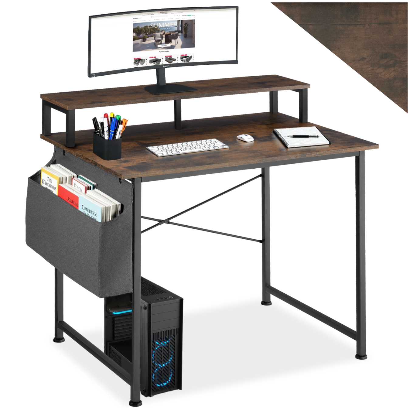 Schreibtisch mit Ablage und Stofftasche - Industrial Holz dunkel, rustikal, 120 cm