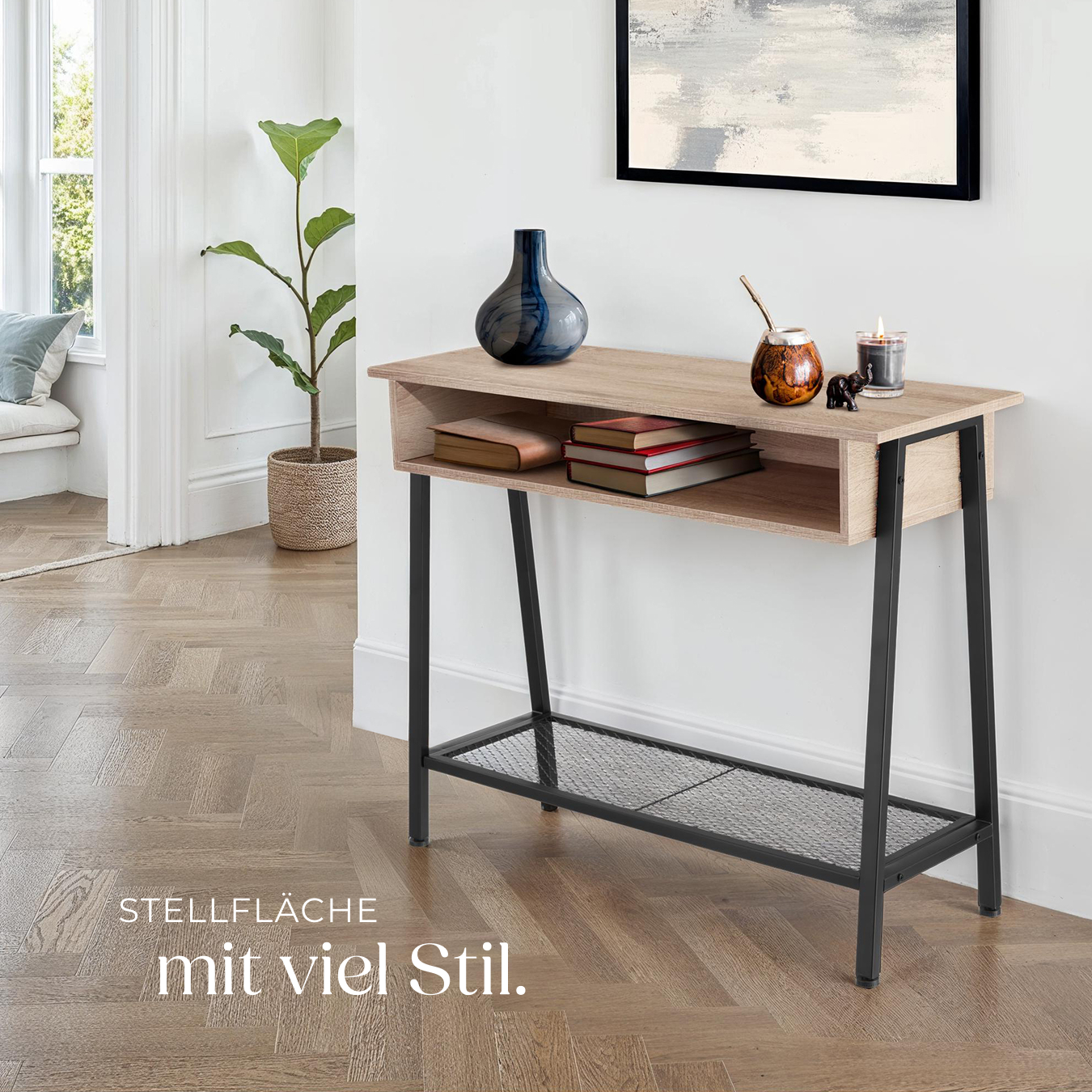 Konsolentisch Flurtisch Sideboard mit Fach Gitterablage Holz Metall Industrie