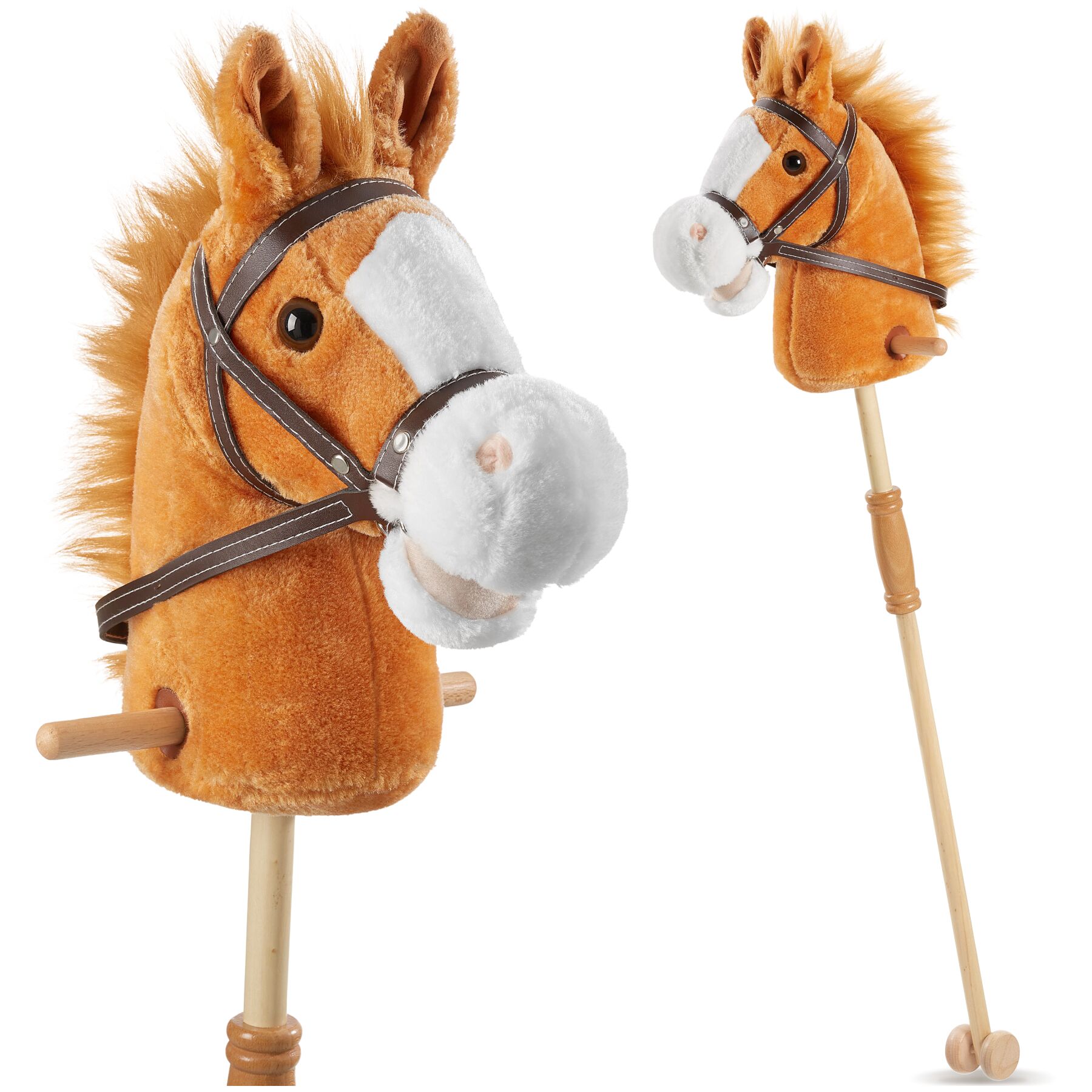 Caballito de juguete con palo de madera y ruedas, 103 cm, a partir de 24 meses - marrón | tectake
