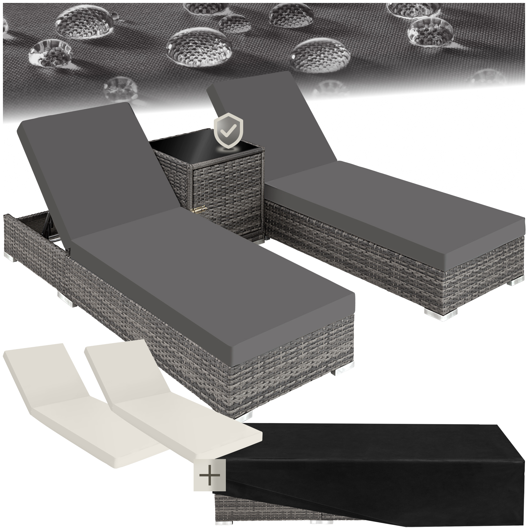2 chaises longues en rotin avec structure en aluminium et table, housse de protection incluse - gris | tectake