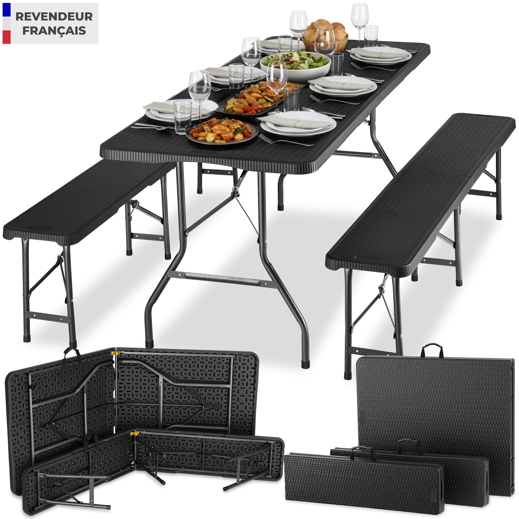 Ensemble de table de camping Vani pliable en rotin - noir-aspect rotin | tectake