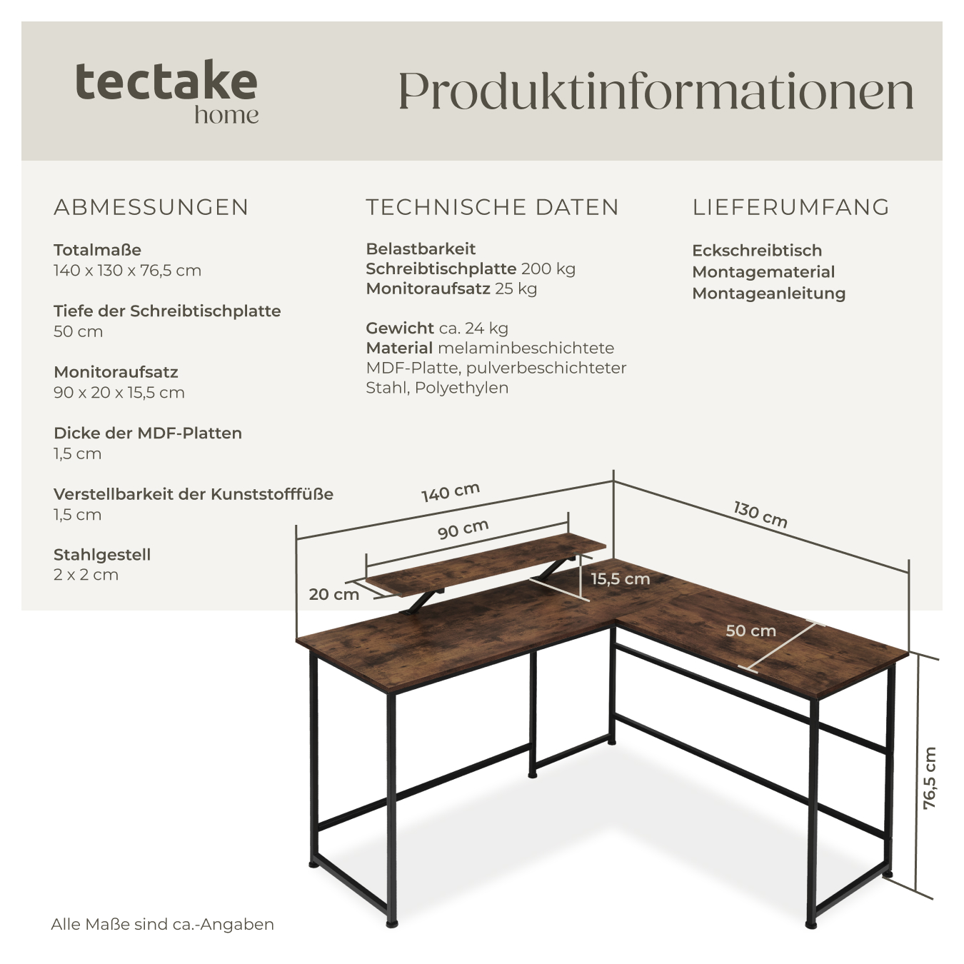 Schreibtisch Eckschreibtisch L-Form Computertisch Bürotisch PC Tisch Holz Metall