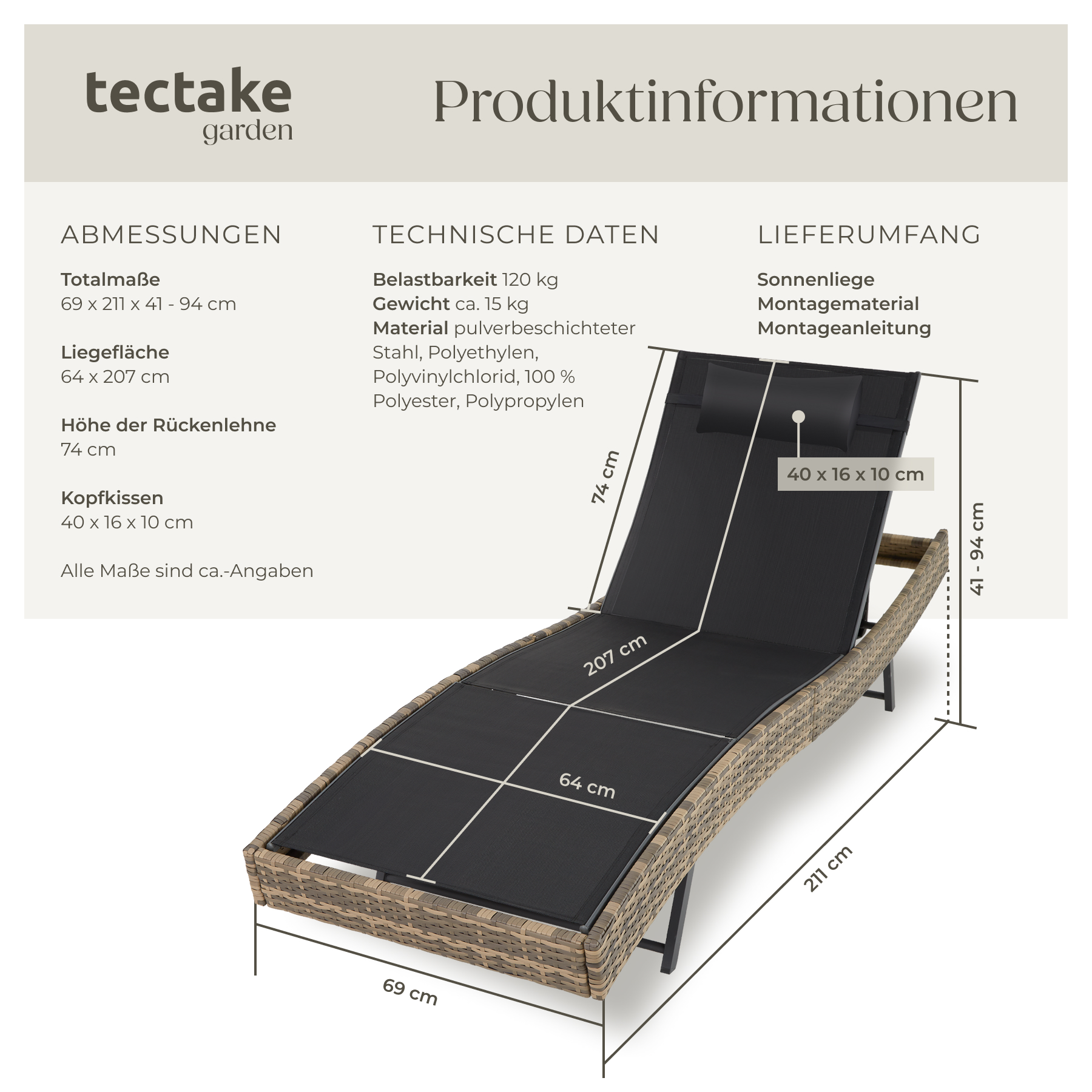 Polyrattan Sonnenliege Gartenliege Relaxliege Garten Rattan Liege mit Kopfkissen