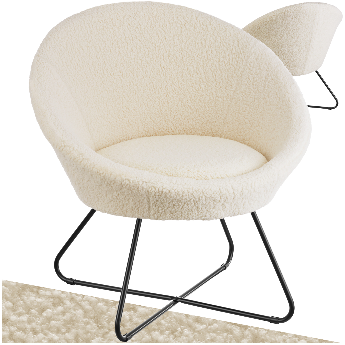 Fauteuil cocktail CENTERA rond et rembourré - Bouclé blanc cassé