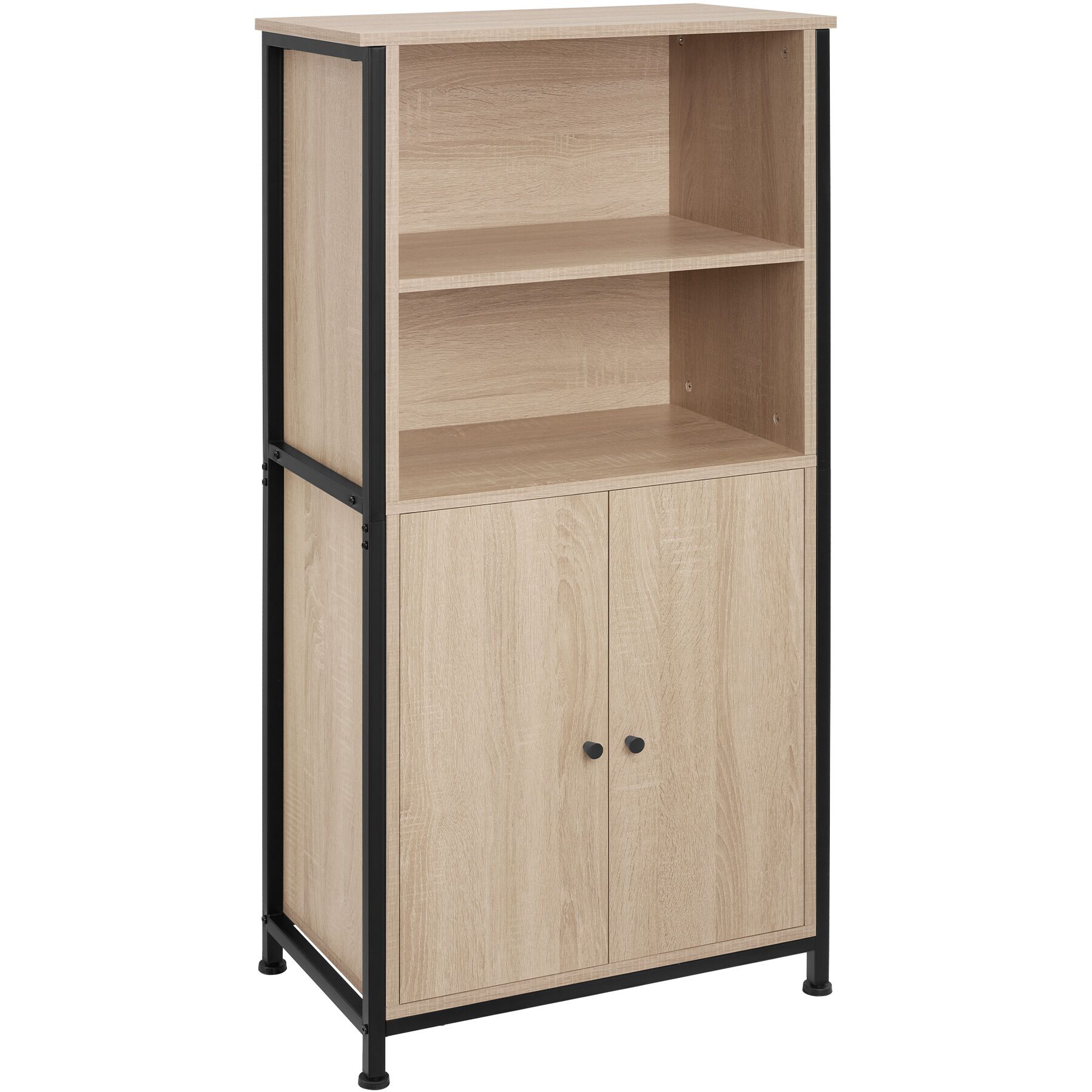Display Cabinet Doncaster - open shelving, 2 cupboards, adjustable shelves - industrial wood light, oak Sonoma