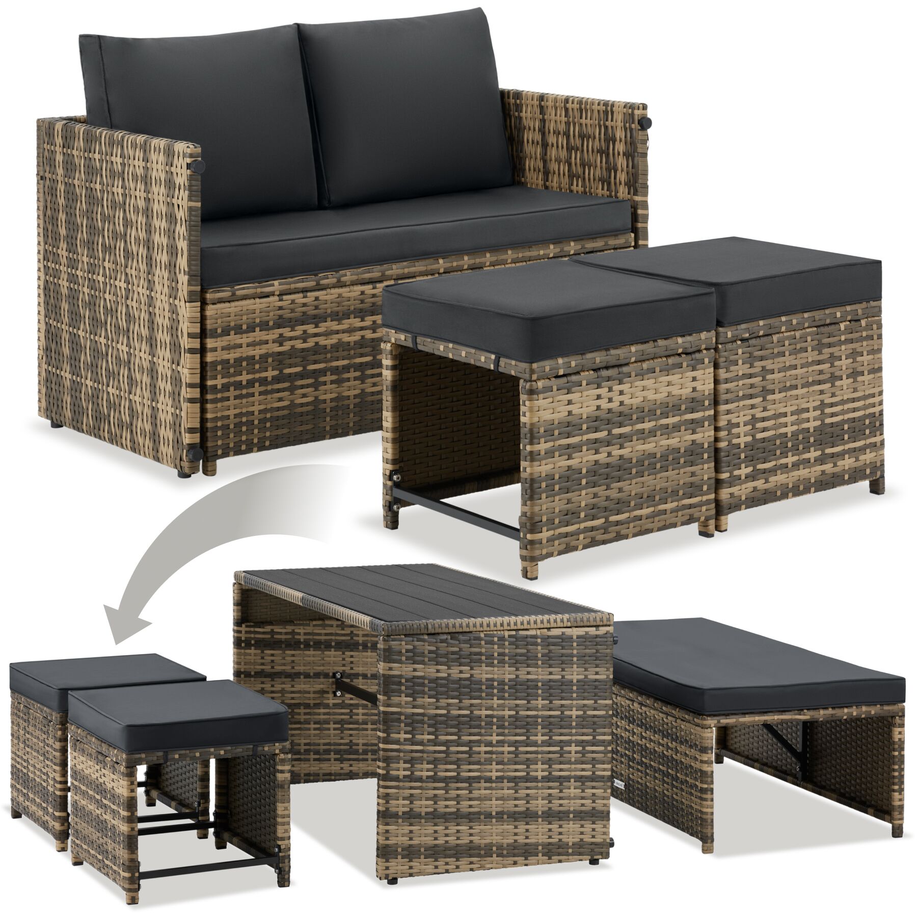 Monopoli 2-in-1 rattan garden lounge set, sofa and seating area - nature | tectake