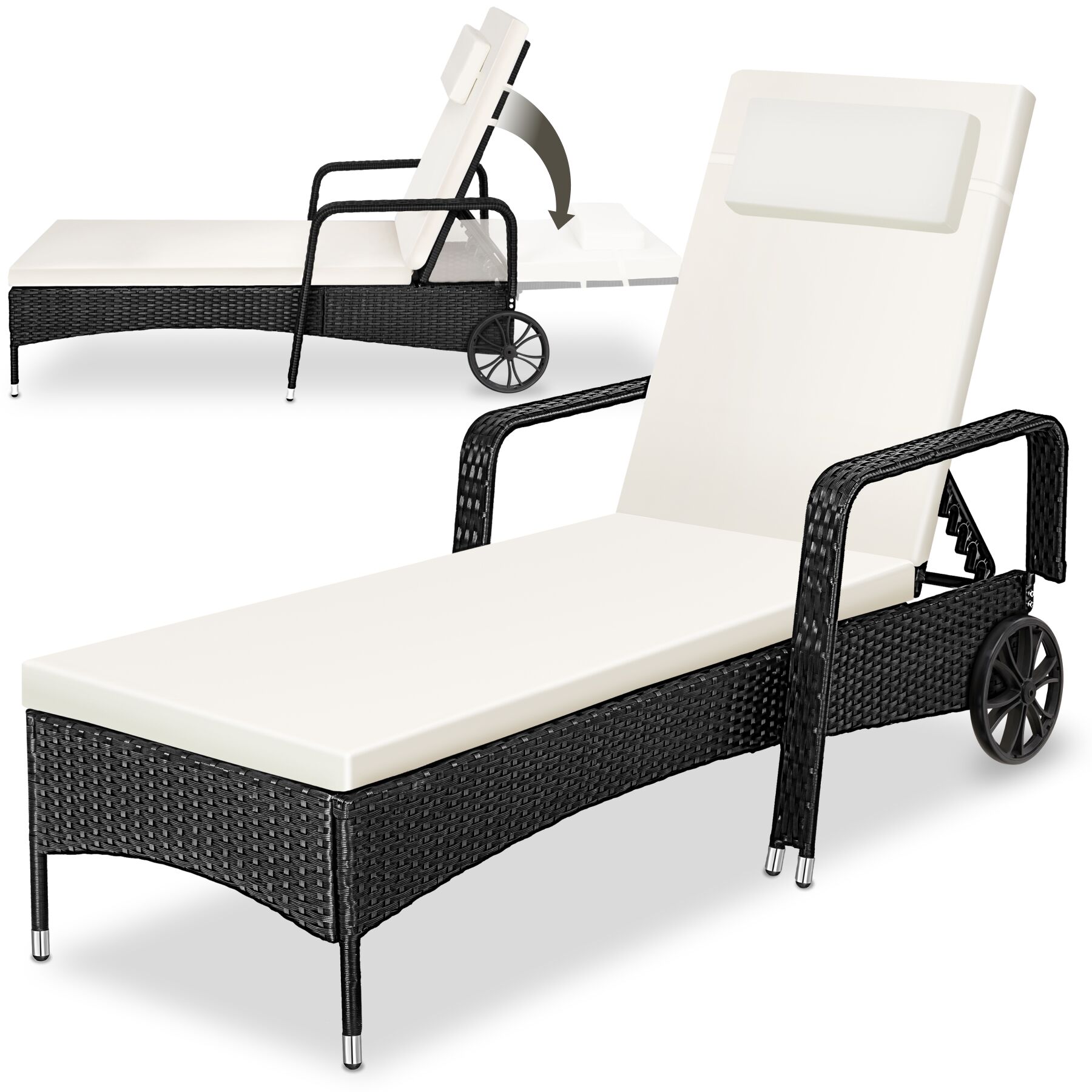 Wicker ligbed met wielen - zwart/beige | tectake