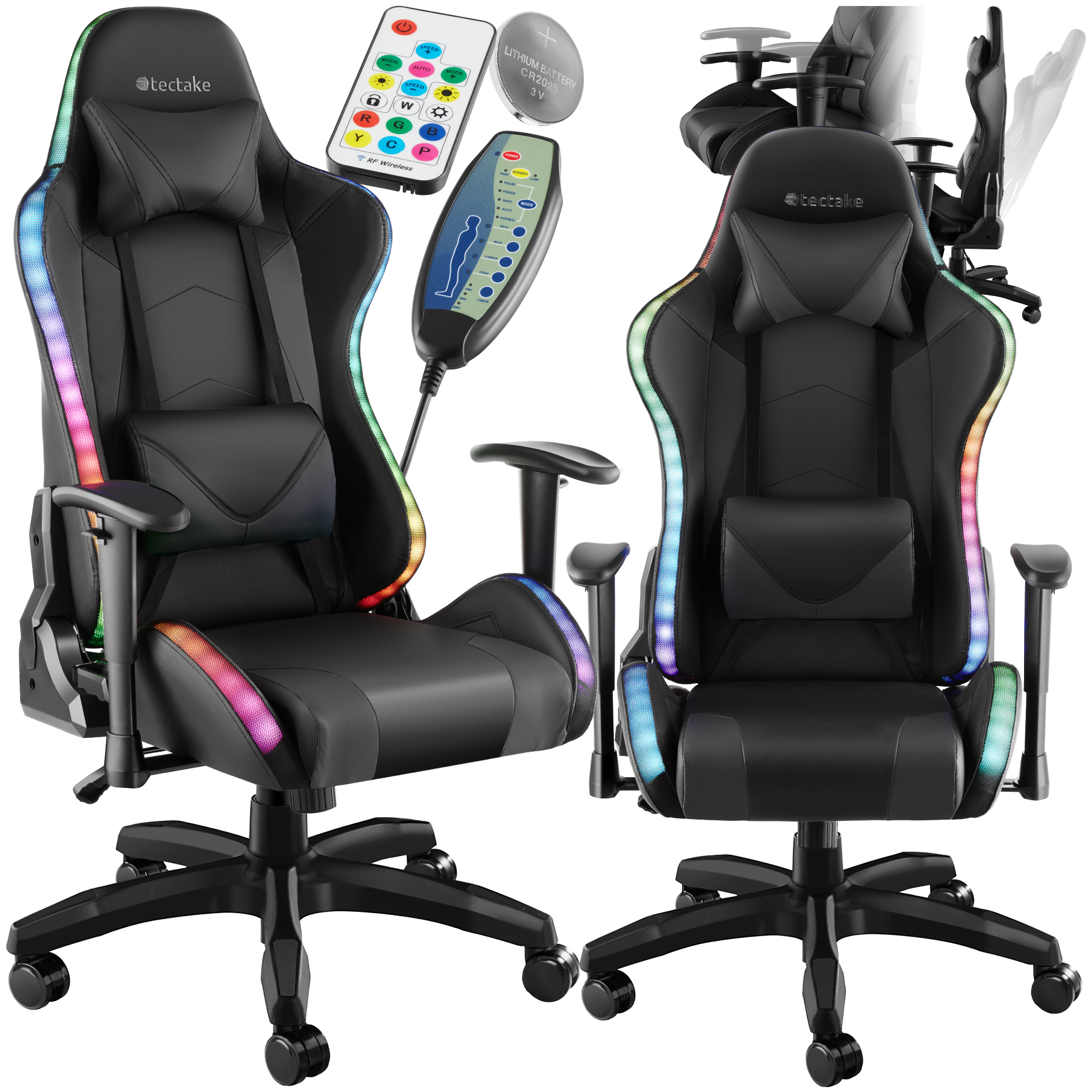 Sedia da gioco Tartaros, LED, funzione massaggio - nero/nero | tectake