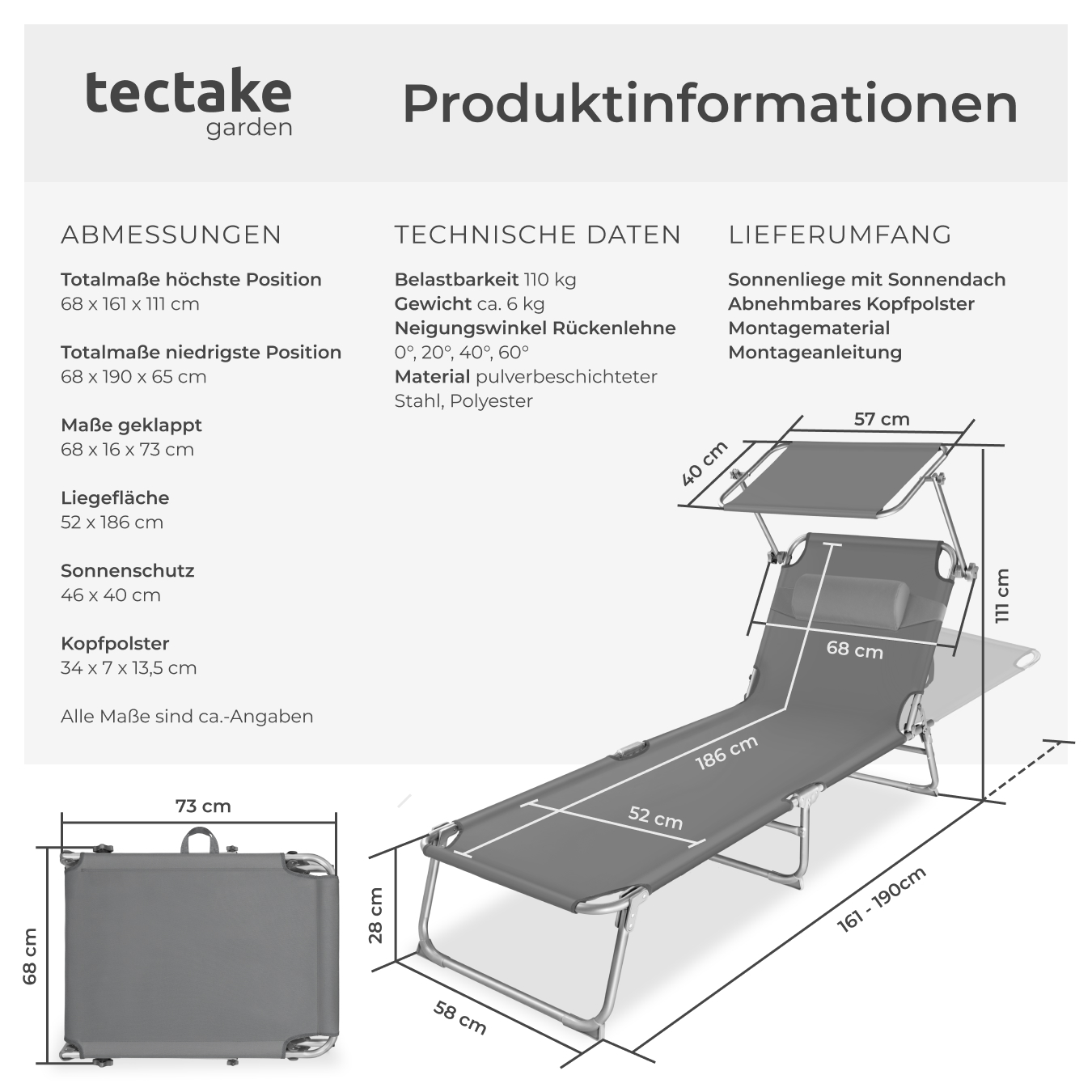 Sonnenliege mit Dach klappbar Gartenliege Relaxliege Strand Sonnendach 190 cm