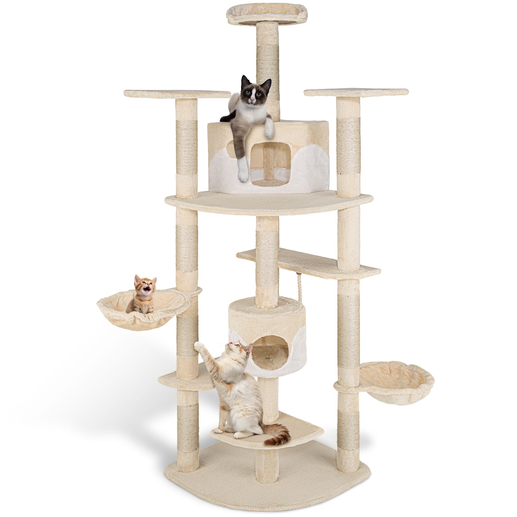 Cat Tree Fippi - 201 cm tall, sisal cat scratching post, toy & anti-tip bracket - beige/white | tectake
