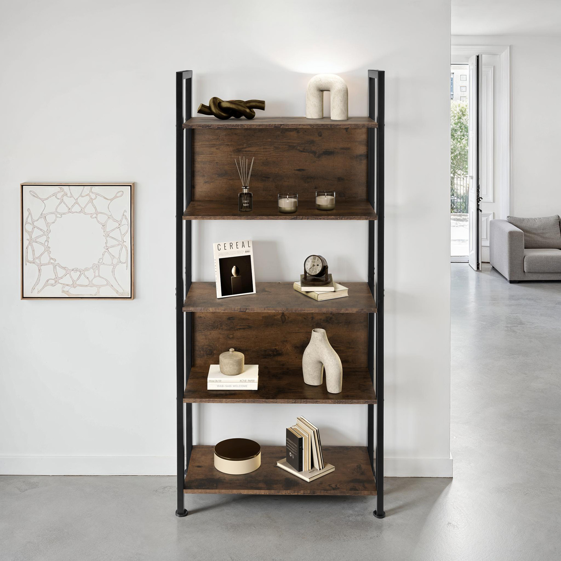 Scaffale scaffalatura alta libreria con 5 ripiani muro legno metallo industrial - Foto 12 di 25