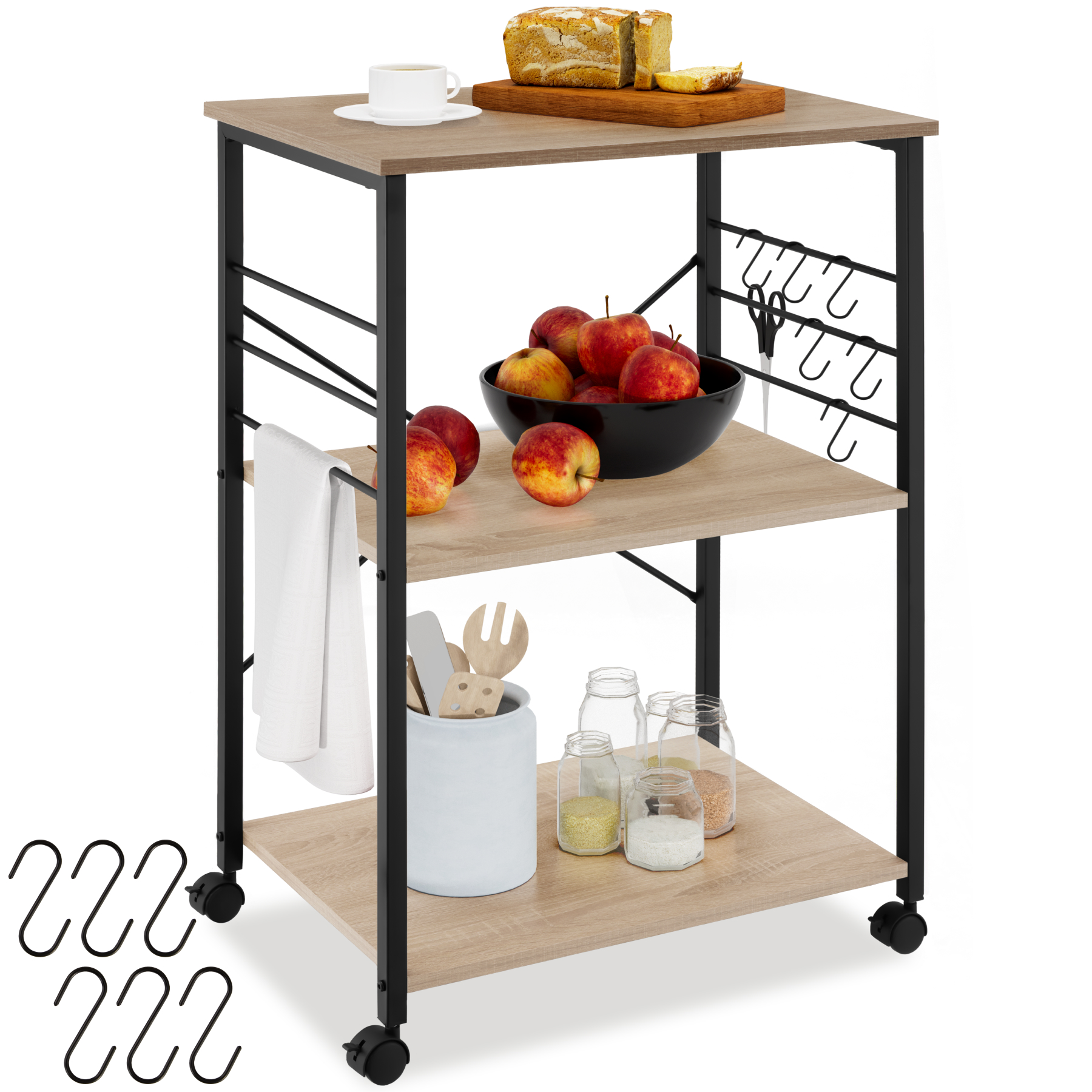 Drinks Trolley Rugby - 3 shelves, 4 castors with parking brake - industrial wood light, oak Sonoma