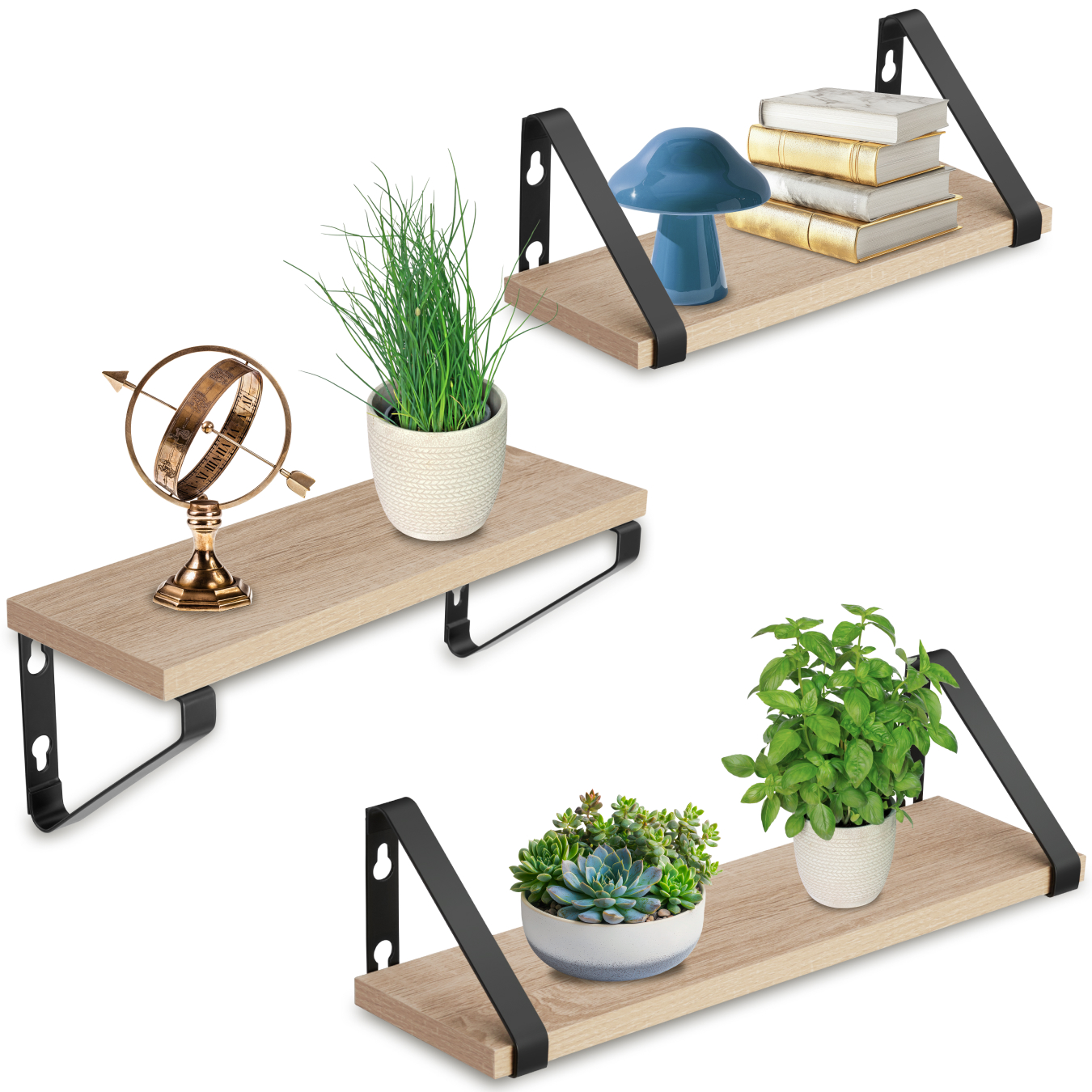 Wall Shelves - set of 3, decorative metal brackets, high load-capacity, 3 widths included - industrial wood light, oak Sonoma