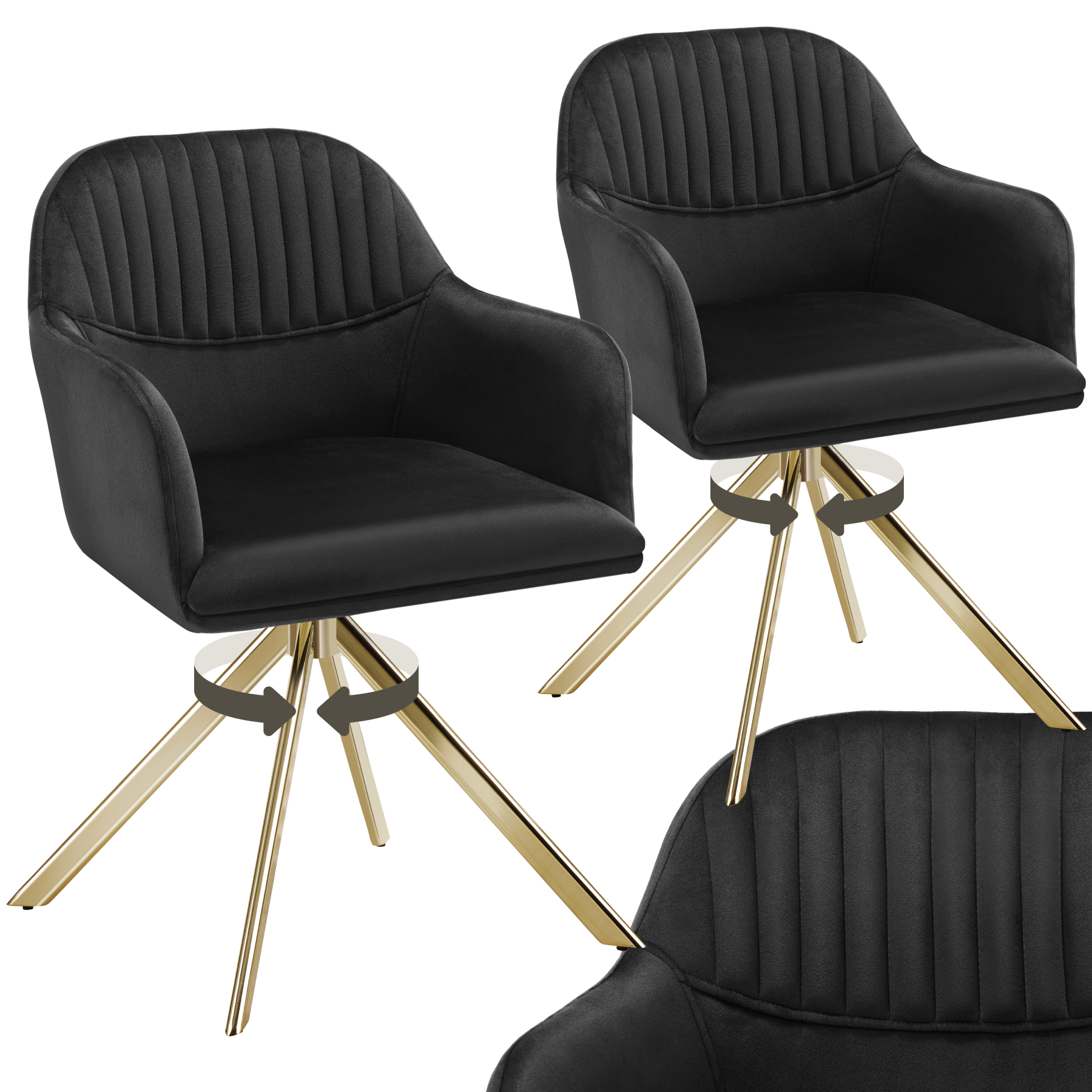 Samt-Drehstuhl Lona mit dicker Polsterung - schwarz/gold, 2er Set