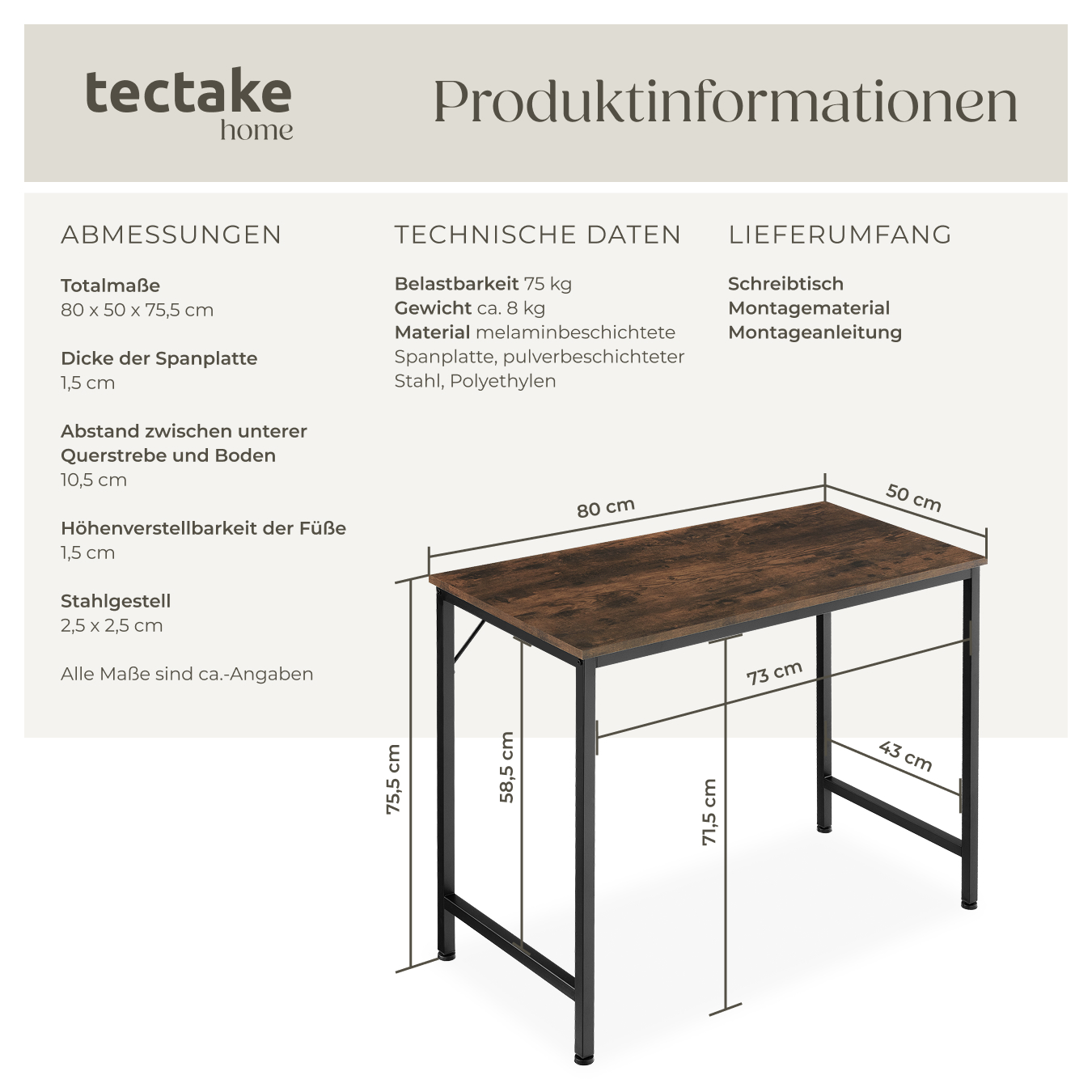 Schreibtisch Computertisch Büro Tisch 80100120140 cm Holz Metall Industrie