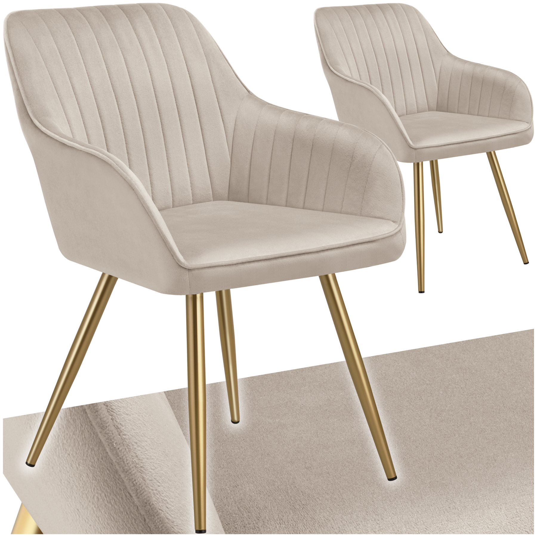 Chaise MARILYN en velours matelassé - taupe/or, Lot de 2 de tectake
