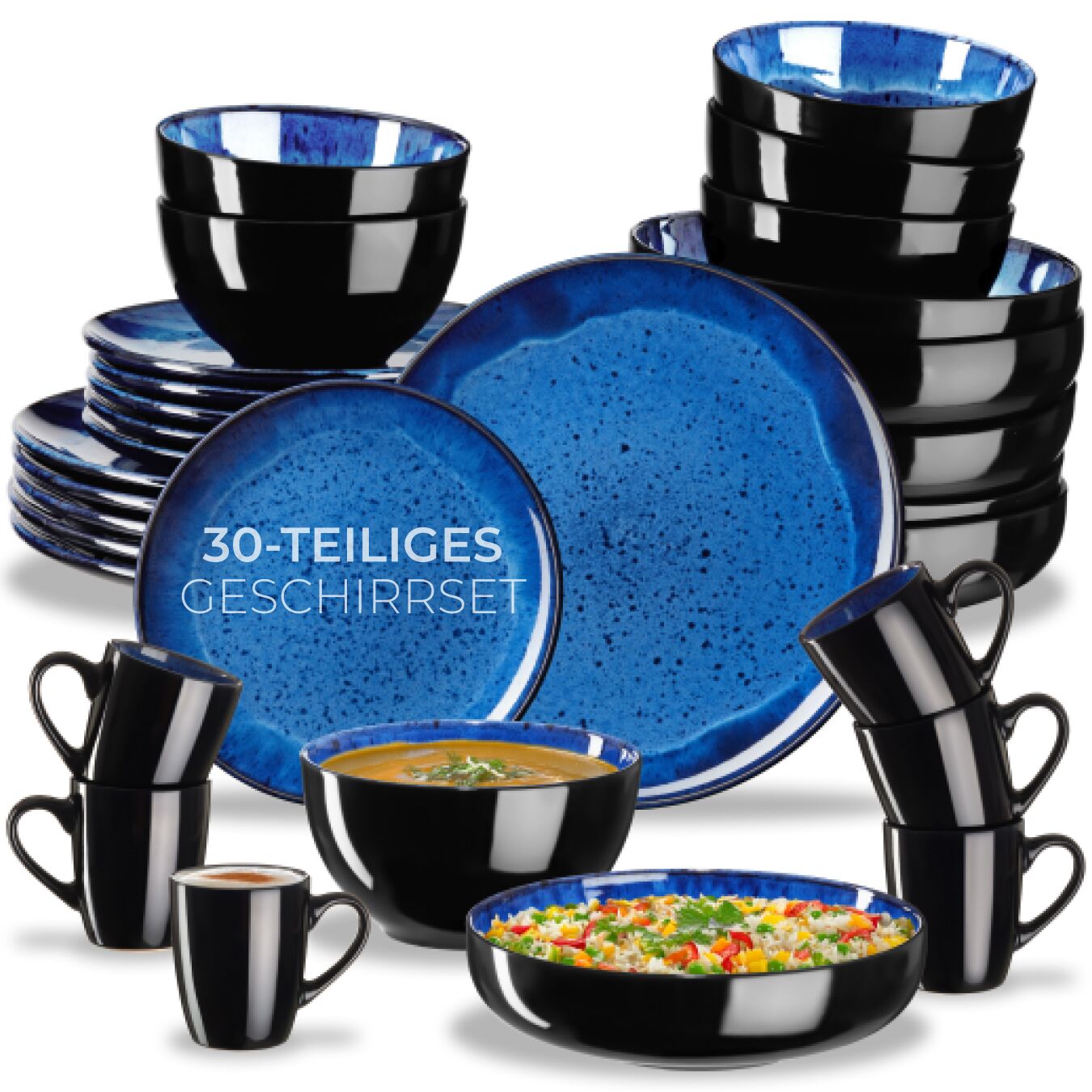 Geschirrset Mare aus Steingut, für 6 Personen - 30-tlg., blau