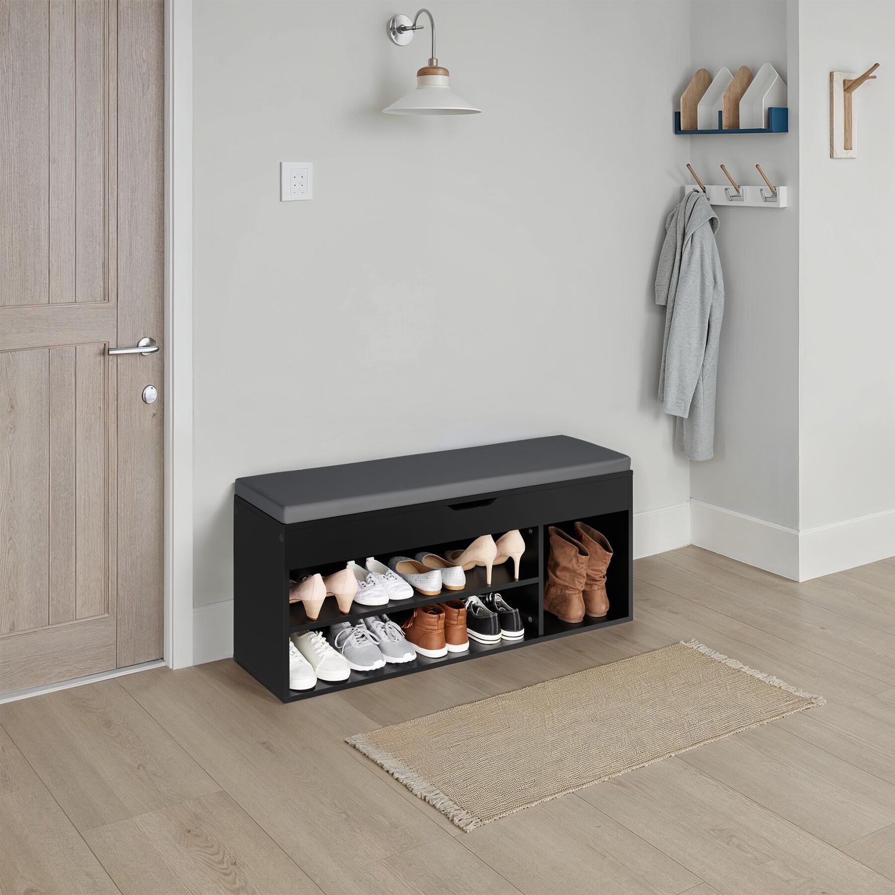 Schuhbank mit Sitzkissen Holz Schuhschrank Schuhregal Sitzfläche Klappfach 104cm - Bild 24 von 37