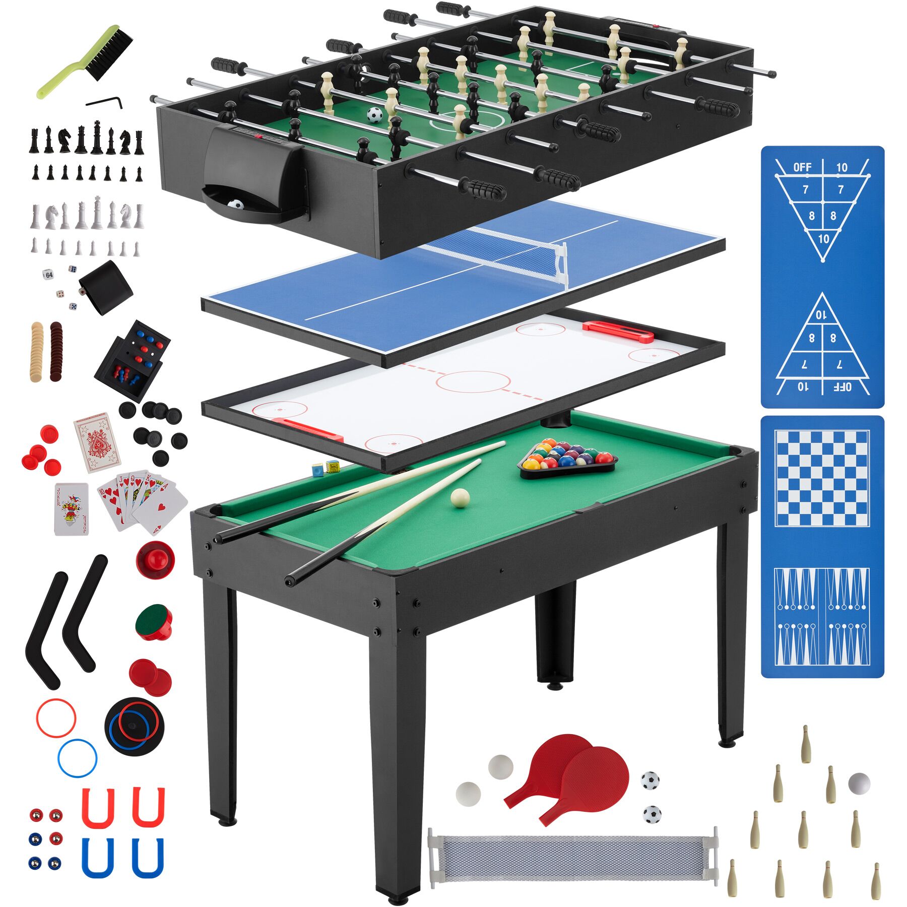 15-in-1 Games Table including Table Football, Pool, Air Hockey, Shuffleboard, Chess and More - black/green