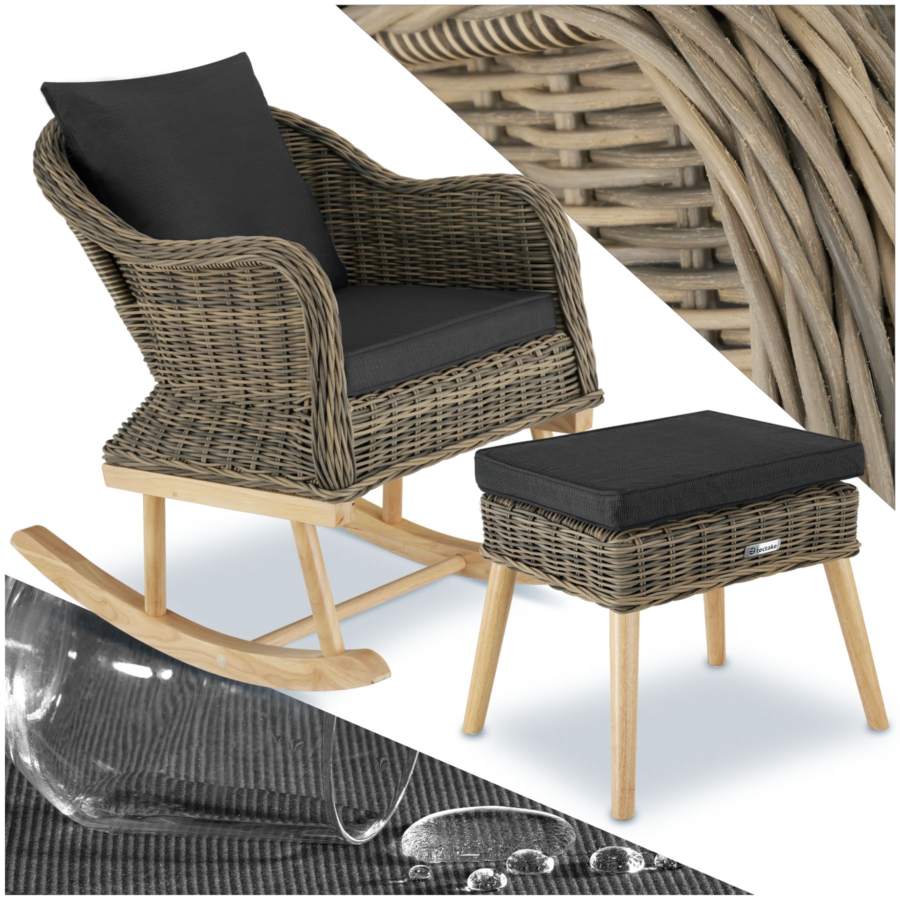 Fauteuil à bascule en rotin Rovigo avec repose-pieds Vibo - marron naturel de tectake