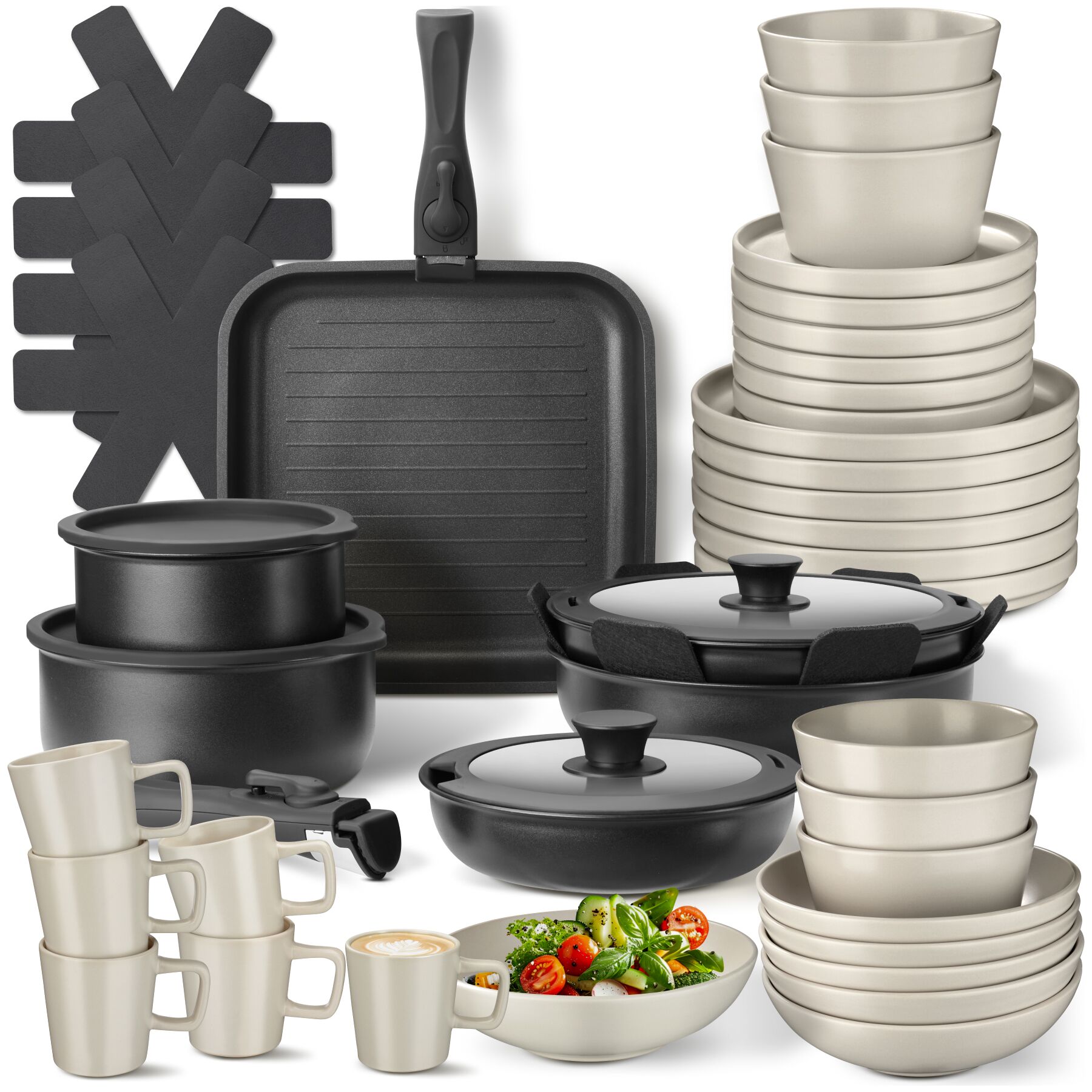 Keukenstartersset voor 6 personen met servies, pannen en meer - zwart/taupe, 47 delig | tectake