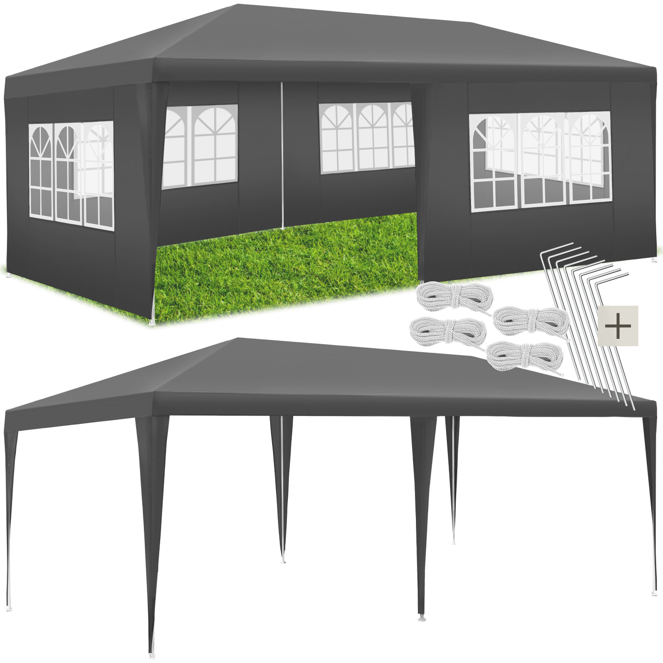Pavillon, 6 x 3 m, im Stecksystem, 5 abnehmbare Seitenteile, mit UV-Schutz - grau